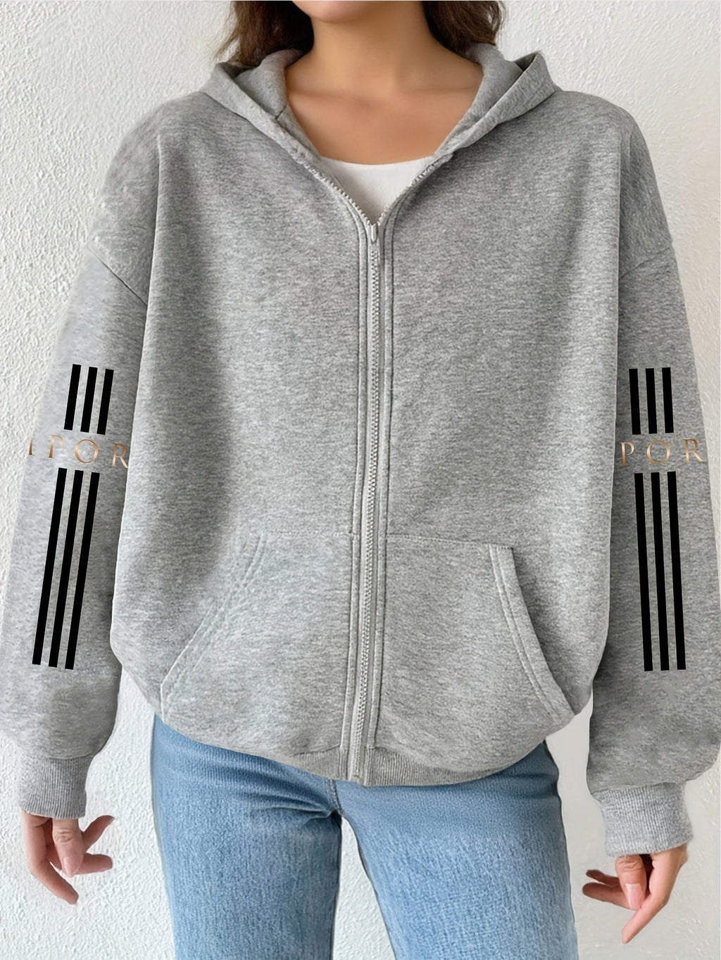 Artistic Letter Print Y2K Casual Style Zip-Up Hoodie - Fashionable and Comfortable Zip-Up Pocket Jacket for Spring, Autumn, and Winter Casual Sportswear, Fashionable Casual Jacket | Comfortable Fabric   OAXG Black / S