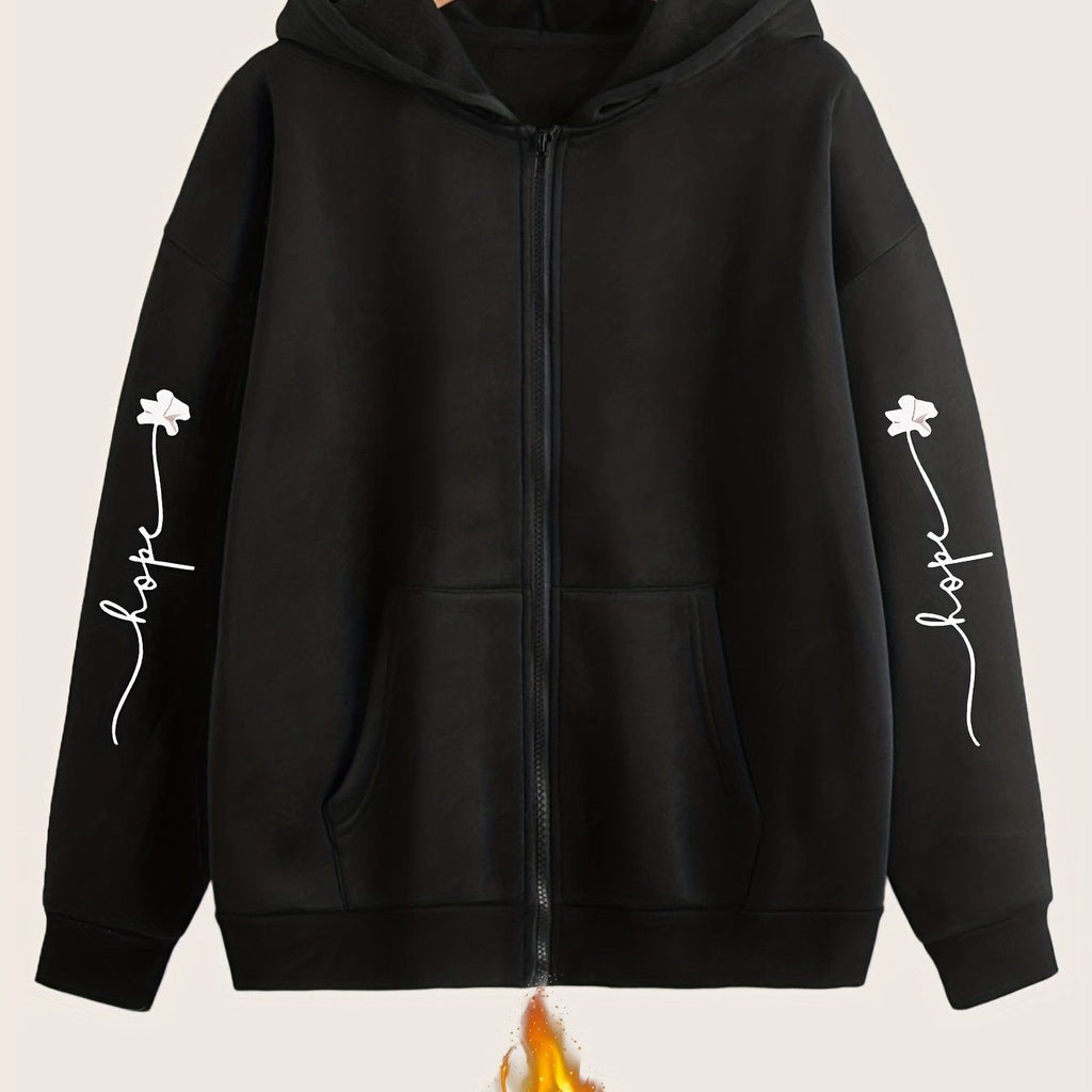 Artistic Letter Print Y2K Casual Style Zip-Up Hoodie - Fashionable and Comfortable Zip-Up Pocket Jacket for Spring, Autumn, and Winter Casual Sportswear, Fashionable Casual Jacket | Comfortable Fabric   OAXG Black / S