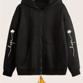 Artistic Letter Print Y2K Casual Style Zip-Up Hoodie - Fashionable and Comfortable Zip-Up Pocket Jacket for Spring, Autumn, and Winter Casual Sportswear, Fashionable Casual Jacket | Comfortable Fabric   OAXG Black / S