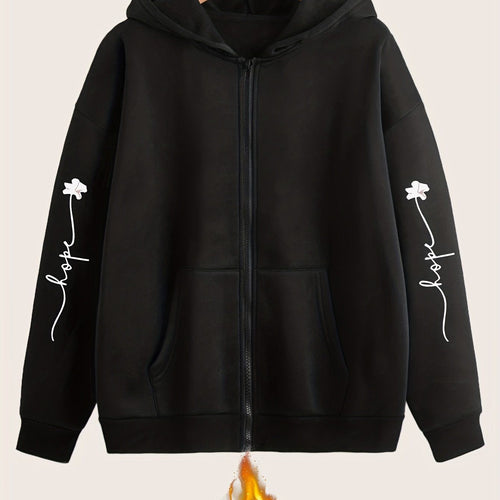 Artistic Letter Print Y2K Casual Style Zip-Up Hoodie - Fashionable and Comfortable Zip-Up Pocket Jacket for Spring, Autumn, and Winter Casual Sportswear, Fashionable Casual Jacket | Comfortable Fabric   OAXG Black / S