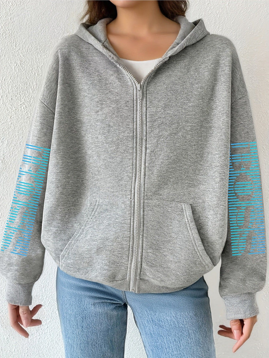 Artistic Letter Print Y2K Casual Style Zip-Up Hoodie - Fashionable and Comfortable Zip-Up Pocket Jacket for Spring, Autumn, and Winter Casual Sportswear, Fashionable Casual Jacket | Comfortable Fabric   OAXG Black / S