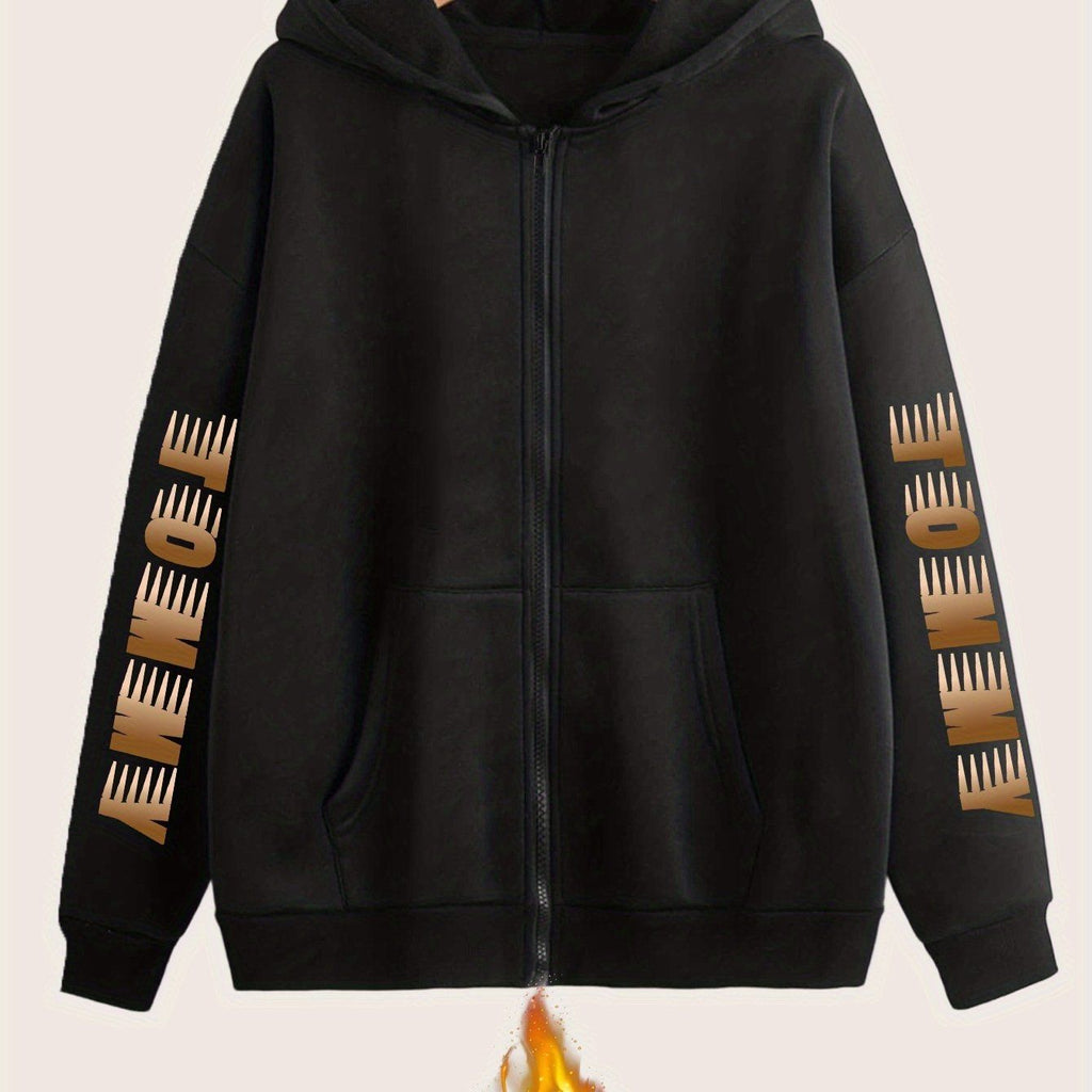 Artistic Letter Print Y2K Casual Style Zip-Up Hoodie - Fashionable and Comfortable Zip-Up Pocket Jacket for Spring, Autumn, and Winter Casual Sportswear, Fashionable Casual Jacket | Comfortable Fabric   OAXG Black / S