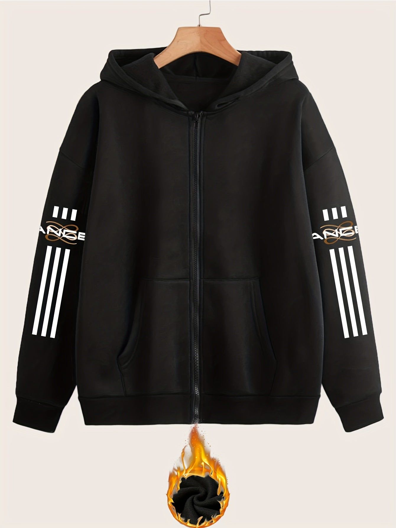 Artistic Letter Print Y2K Casual Style Zip-Up Hoodie - Fashionable and Comfortable Zip-Up Pocket Jacket for Spring, Autumn, and Winter Casual Sportswear, Fashionable Casual Jacket | Comfortable Fabric   OAXG Black / S
