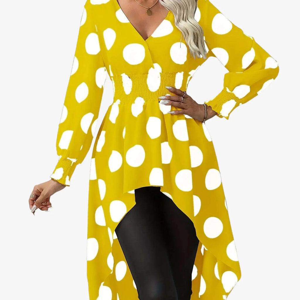 Asymmetrical Polka Dot Blouse - Long Sleeve V-neck Top for Spring   OAXG 