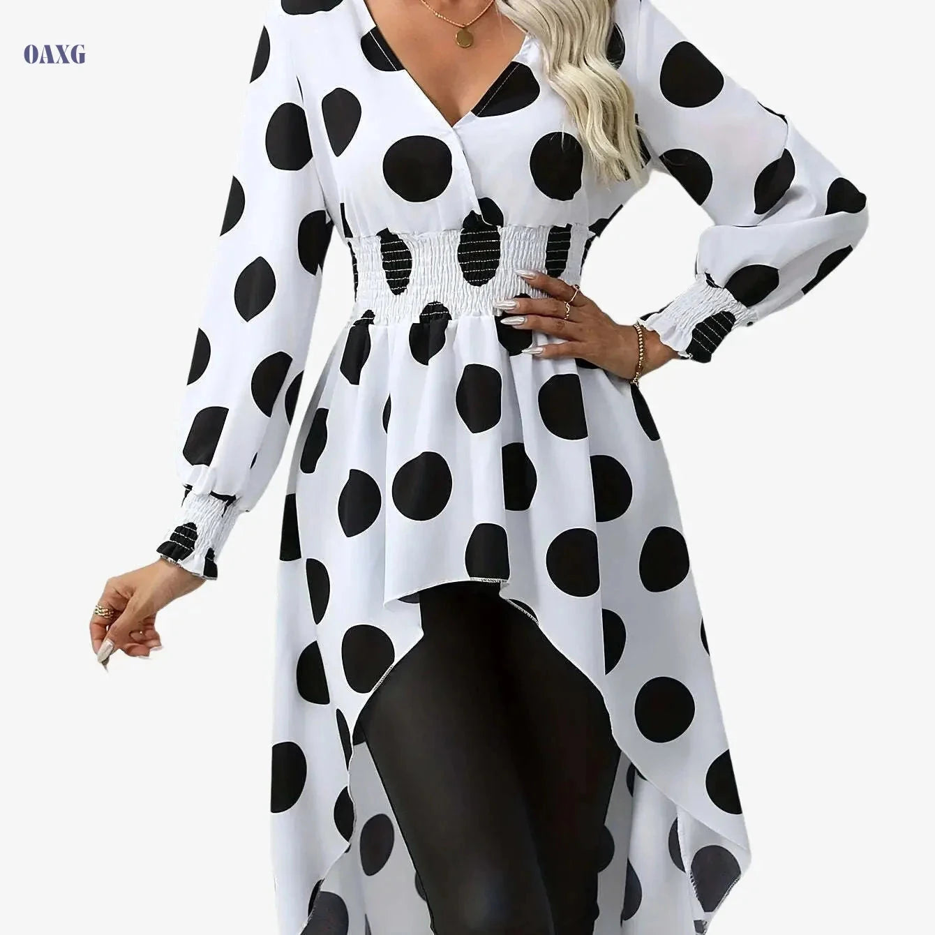 Asymmetrical Polka Dot Blouse - Long Sleeve V-neck Top for Spring   OAXG 