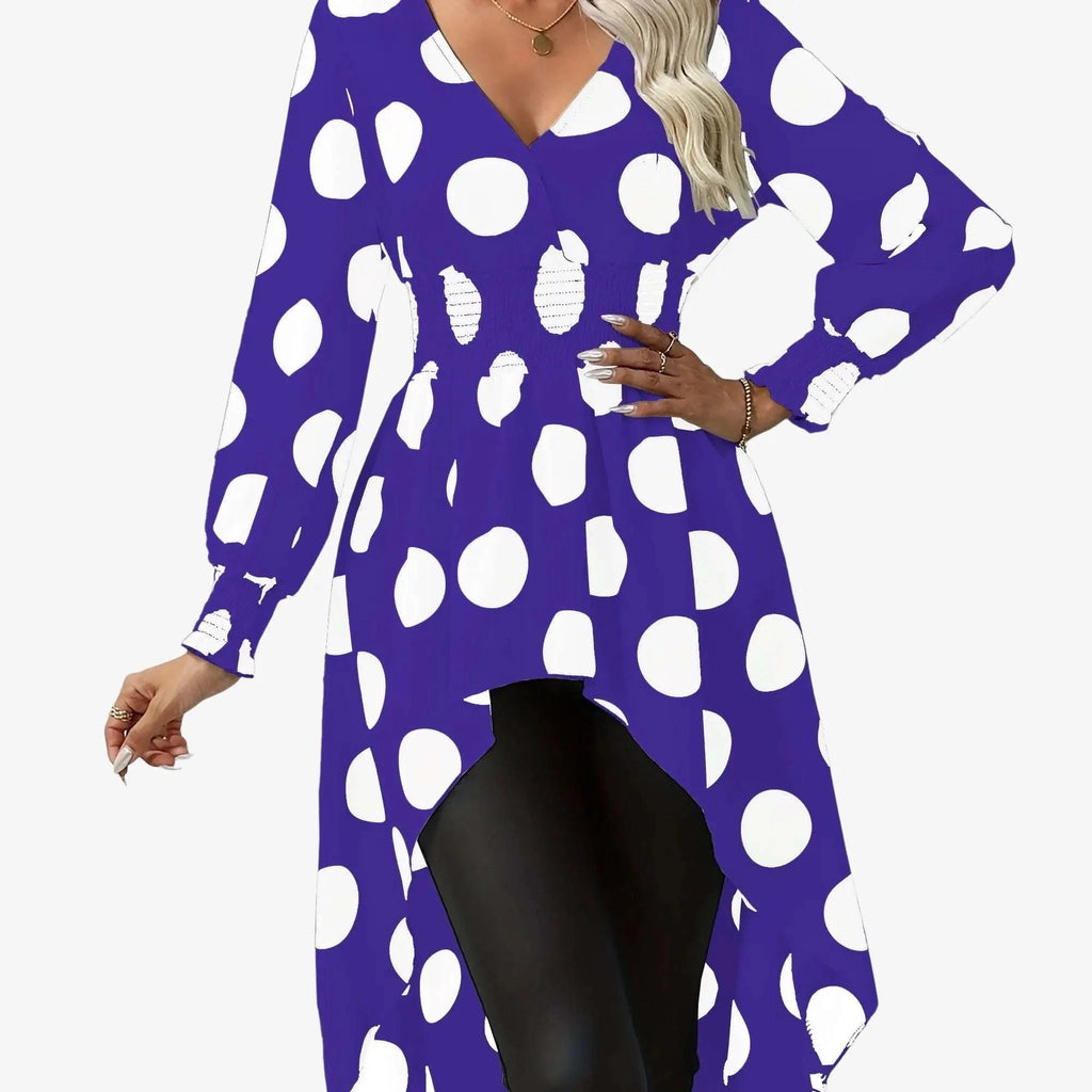 Asymmetrical Polka Dot Blouse - Long Sleeve V-neck Top for Spring   OAXG 