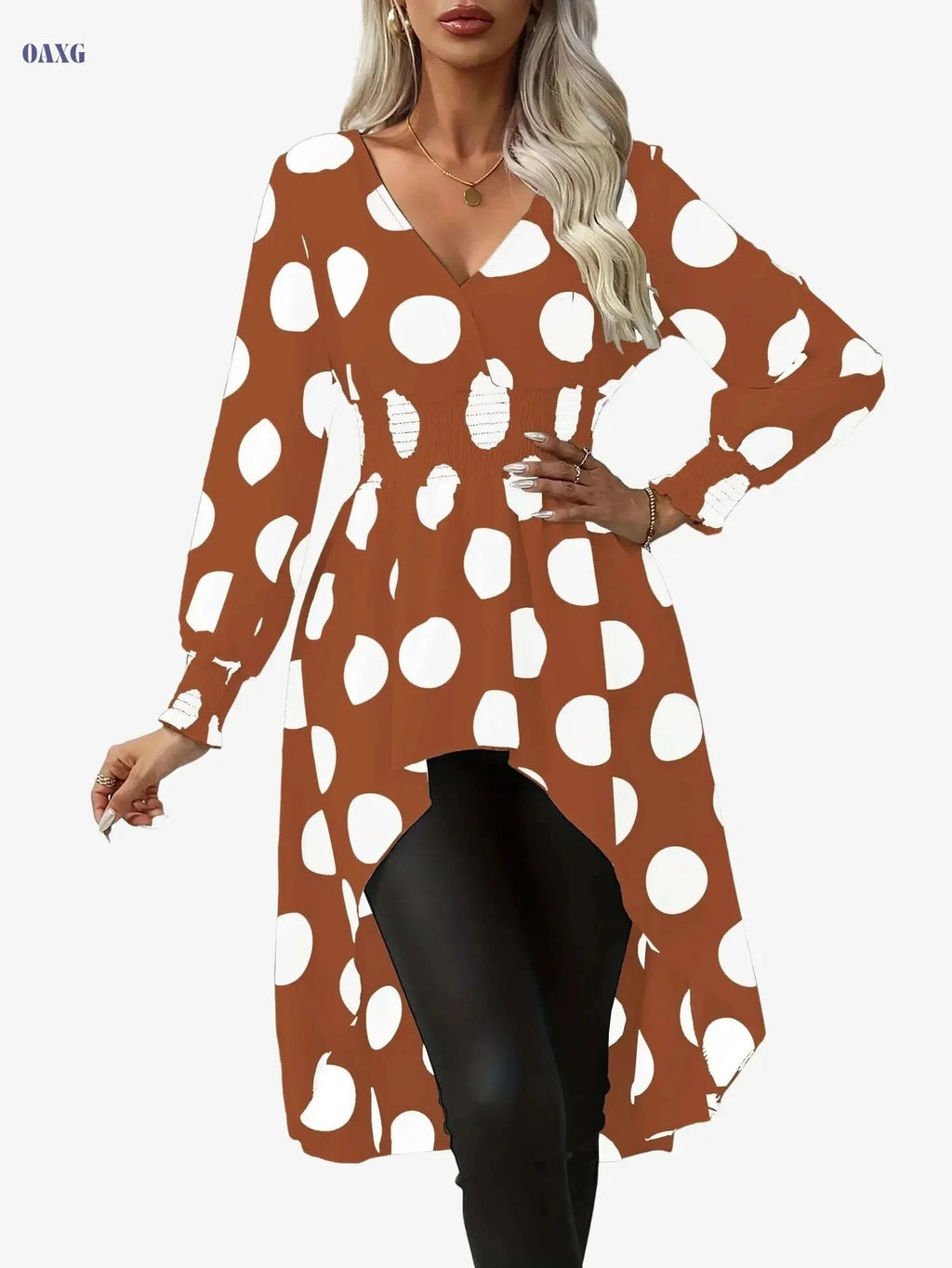 Asymmetrical Polka Dot Blouse - Long Sleeve V-neck Top for Spring   OAXG 