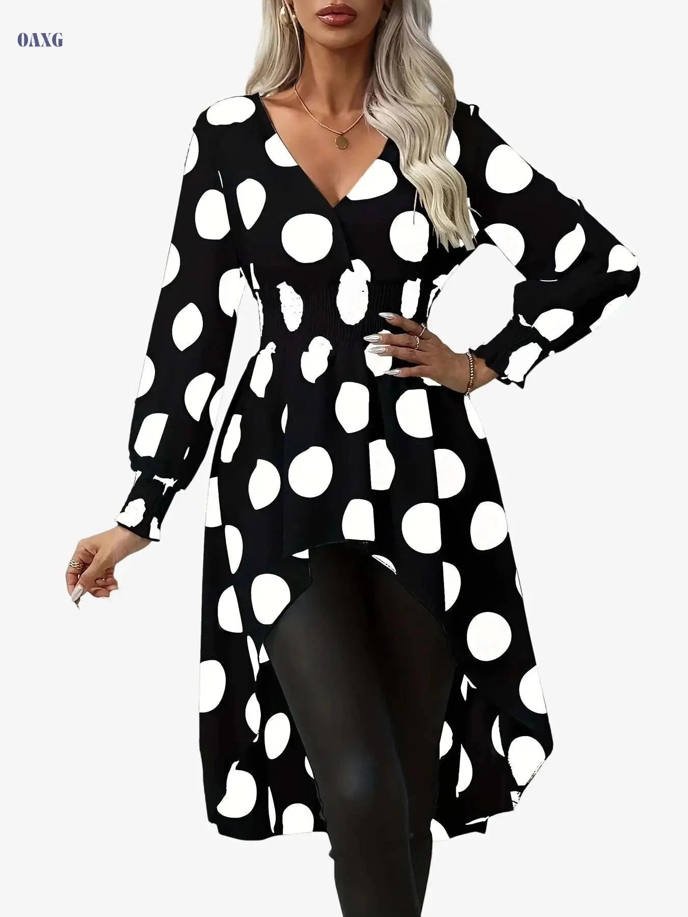 Asymmetrical Polka Dot Blouse - Long Sleeve V-neck Top for Spring   OAXG 