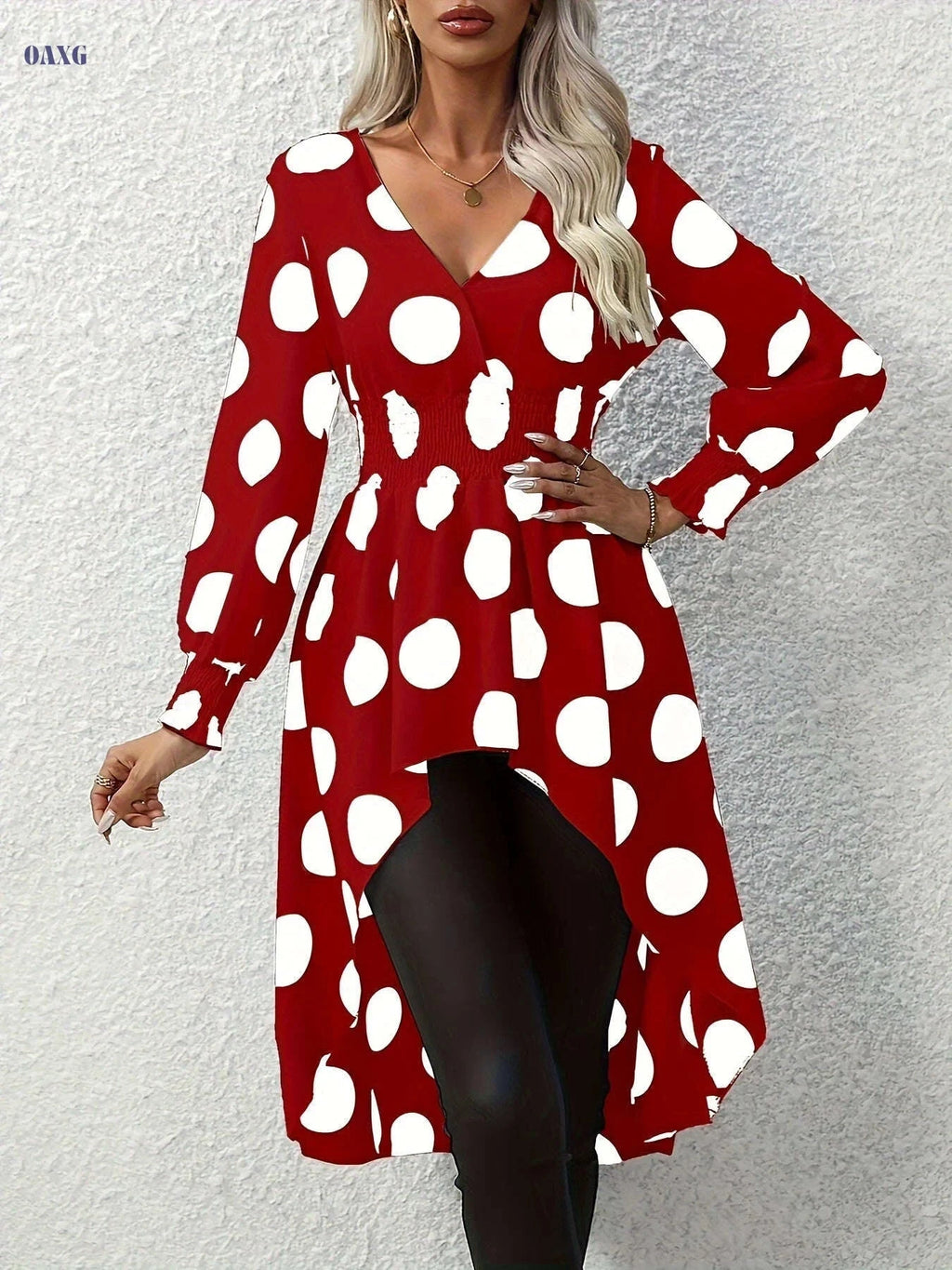 Asymmetrical Polka Dot Blouse - Long Sleeve V-neck Top for Spring   OAXG White / S