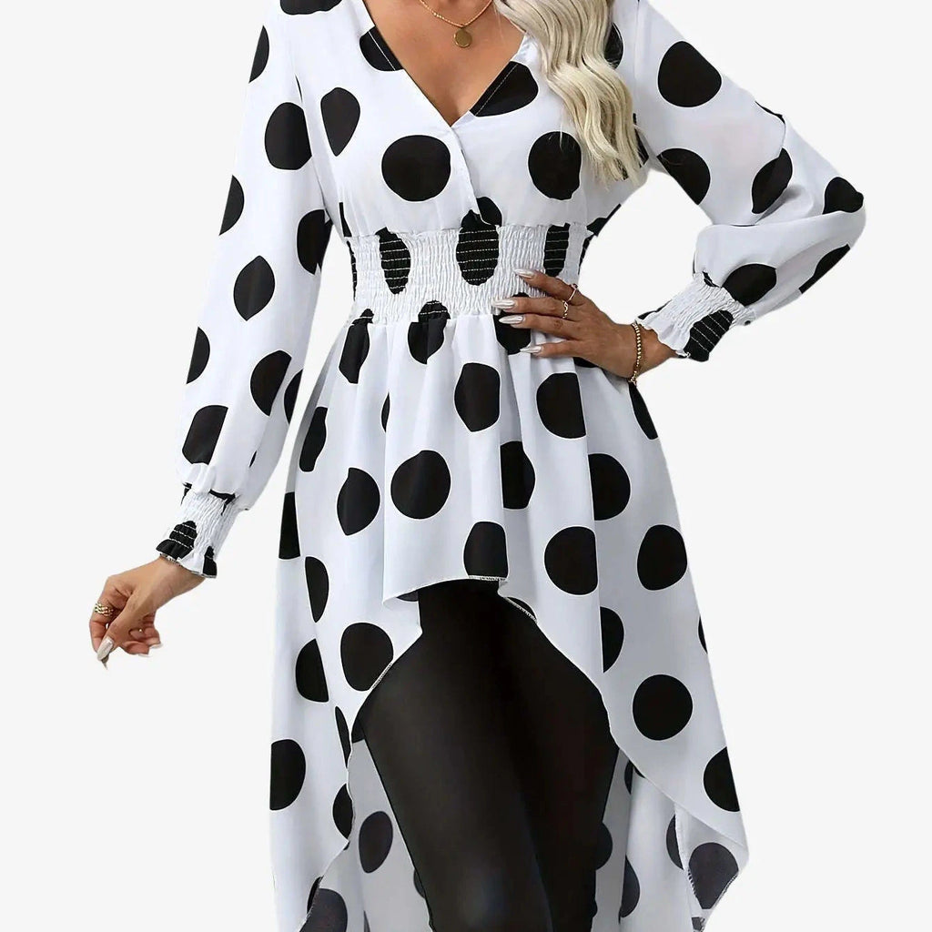 Asymmetrical Polka Dot Blouse - Long Sleeve V-neck Top for Spring   OAXG White / S