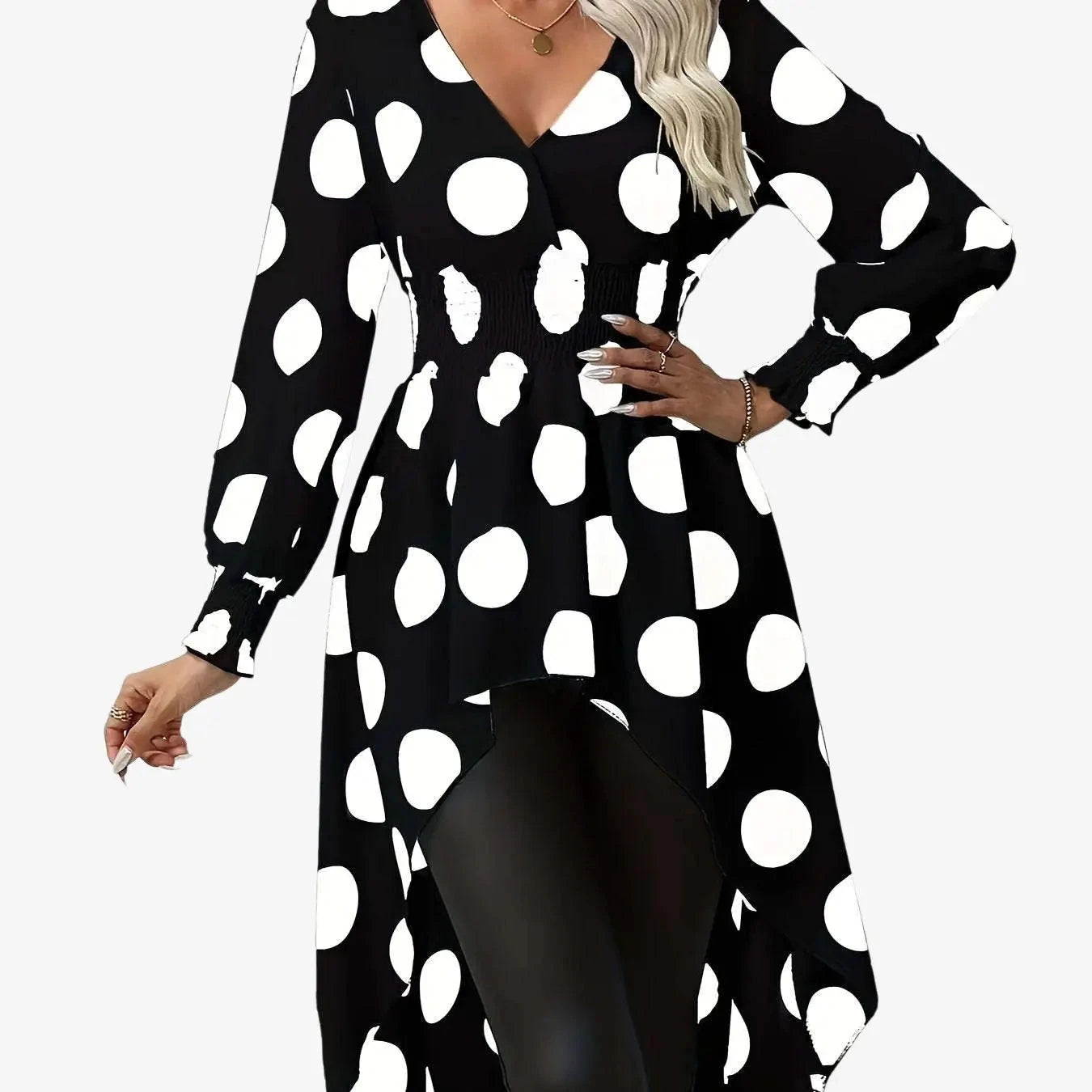 Asymmetrical Polka Dot Blouse - Long Sleeve V-neck Top for Spring   OAXG White / S