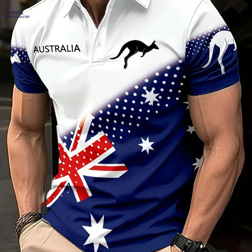 Australia Day Casual Polo Shirt - Proud Australian with Kangaroo Print   OAXG 