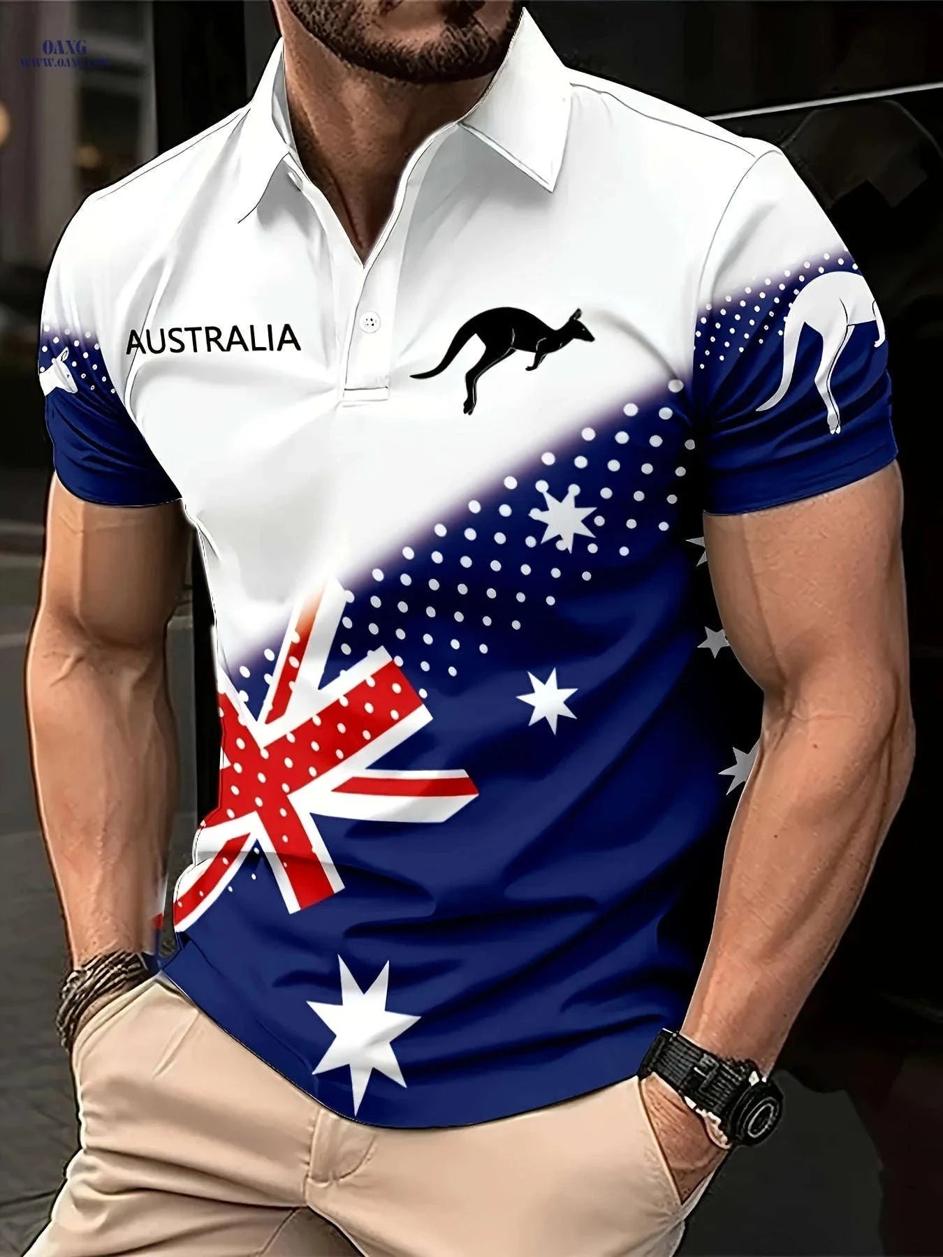 Australia Day Casual Polo Shirt - Proud Australian with Kangaroo Print   OAXG Blue / FR S