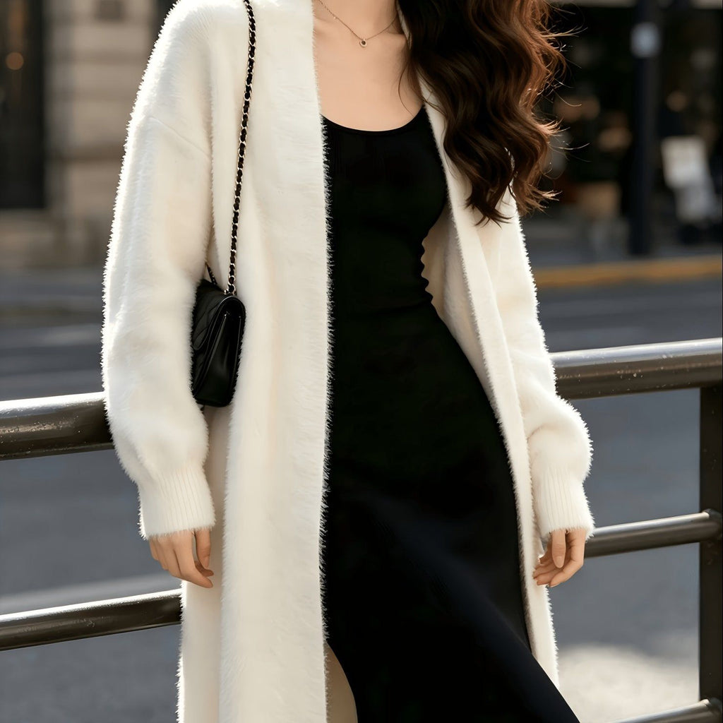 Autumn And Winter New Milk White Fluffy Mid-Length Cardigan Coat, Lazy Style Loose And Outerwear Cardigan for Women   OAXG White / Asian S/M