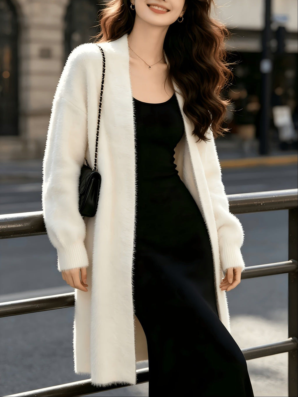 Autumn And Winter New Milk White Fluffy Mid-Length Cardigan Coat, Lazy Style Loose And Outerwear Cardigan for Women   OAXG White / Asian S/M