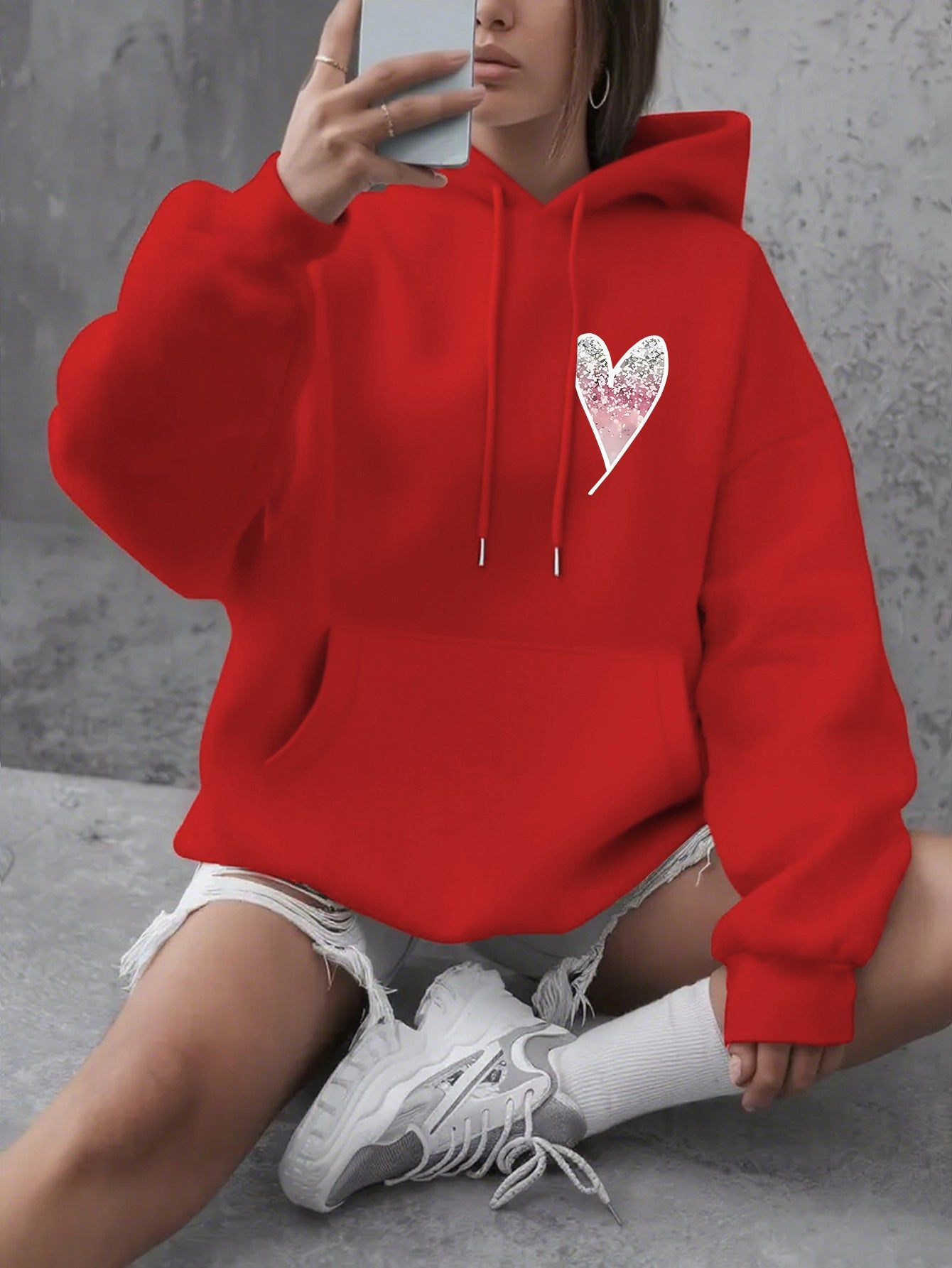 Autumn and Winter Thick Ladies' Clothing Gradient Love Chest Printing Sports Hooded Sweater   OAXG Red / XS