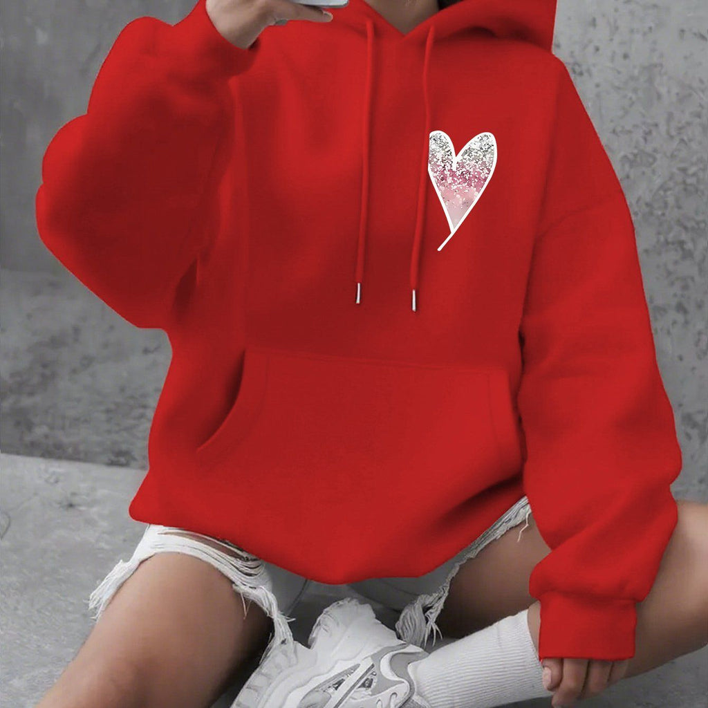 Autumn and Winter Thick Ladies' Clothing Gradient Love Chest Printing Sports Hooded Sweater   OAXG Red / XS