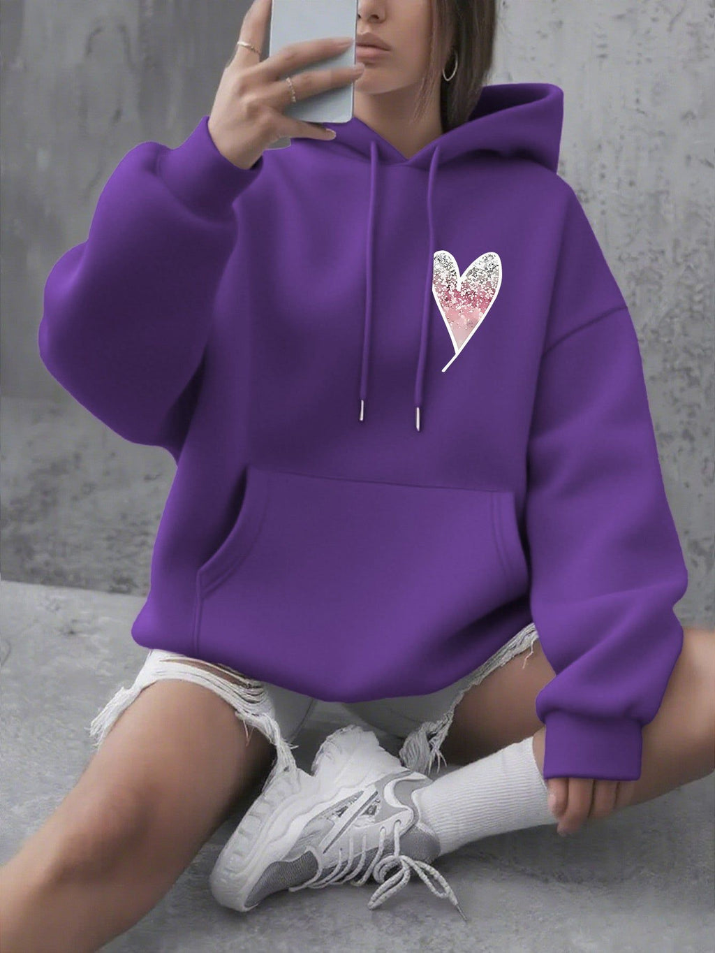 Autumn and Winter Thick Ladies' Clothing Gradient Love Chest Printing Sports Hooded Sweater   OAXG Red / XS