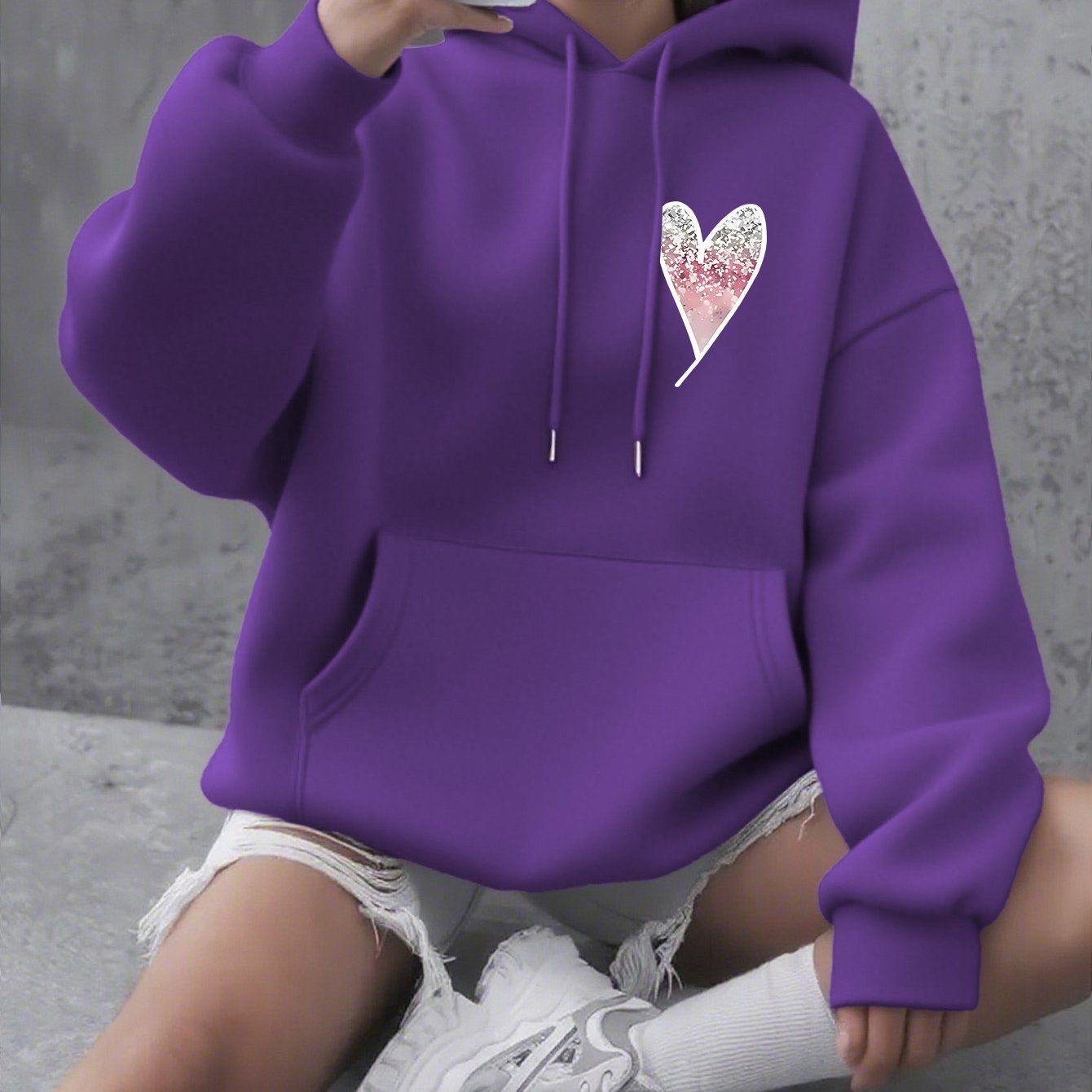 Autumn and Winter Thick Ladies' Clothing Gradient Love Chest Printing Sports Hooded Sweater   OAXG Red / XS
