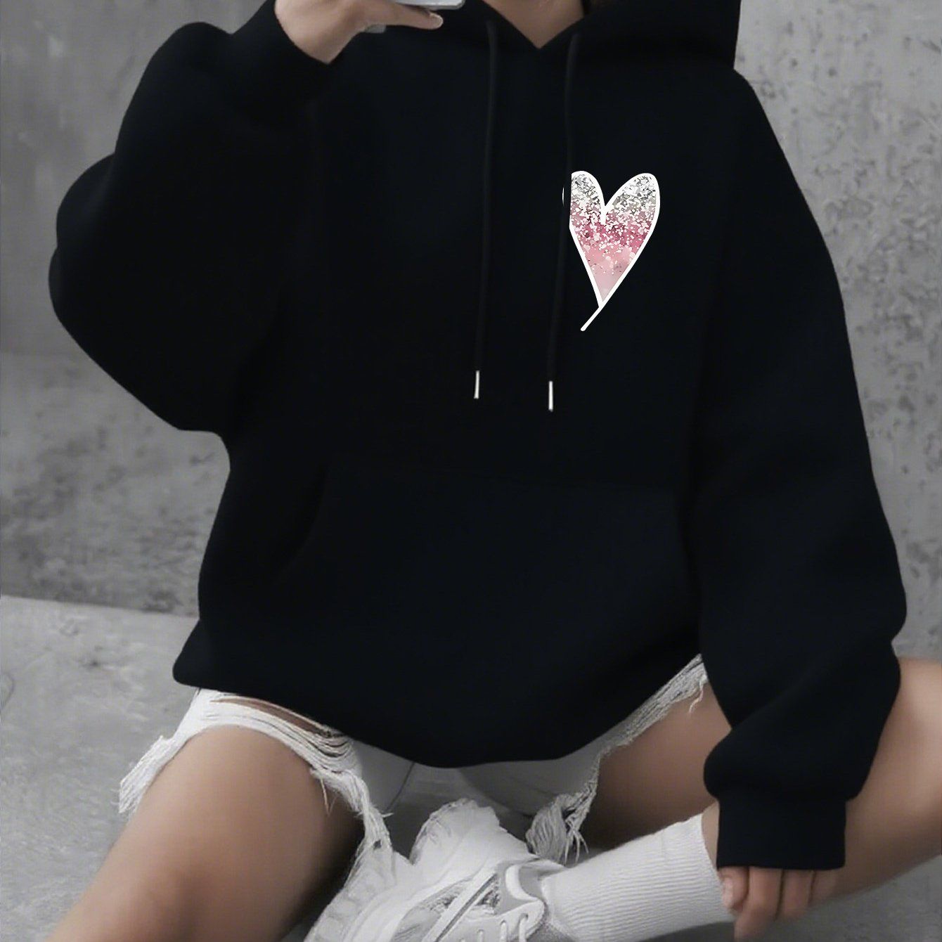 Autumn and Winter Thick Ladies' Clothing Gradient Love Chest Printing Sports Hooded Sweater   OAXG Red / XS