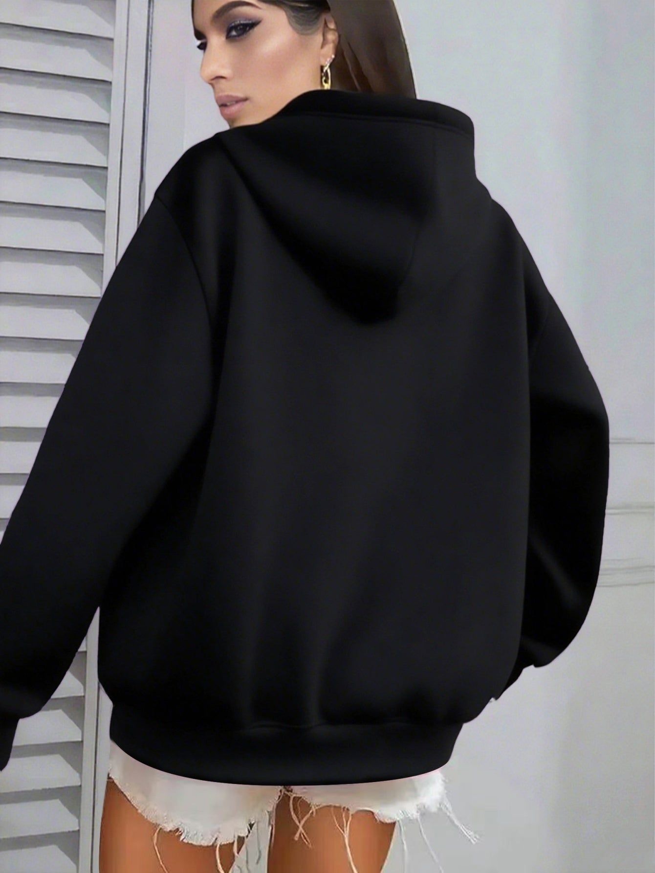 Autumn and Winter Thick Ladies' Clothing Rose Chest Print Sports Hooded Sweater   OAXG Black / XS