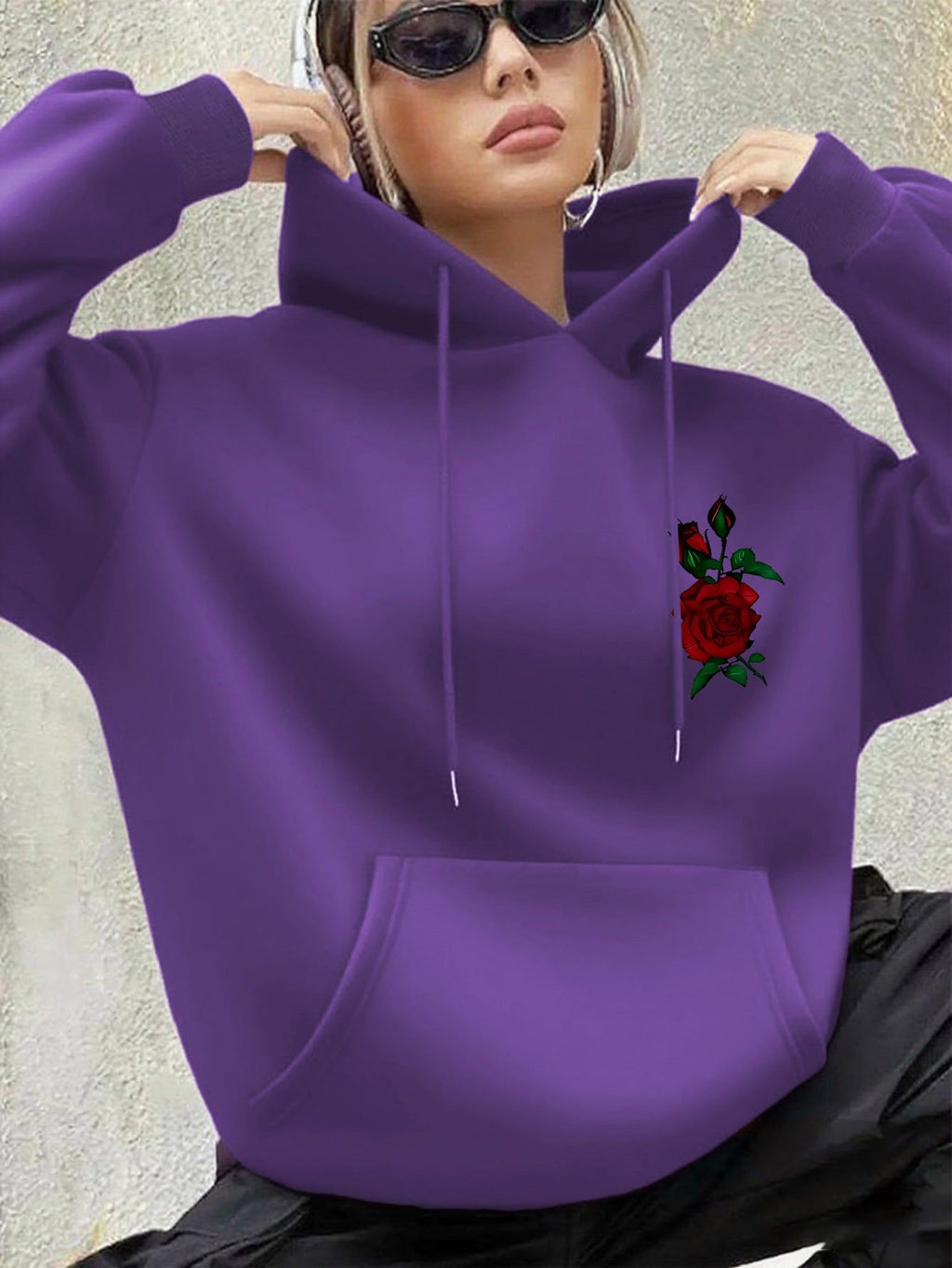 Autumn and Winter Thick Ladies' Clothing Rose Chest Print Sports Hooded Sweater   OAXG Black / XS