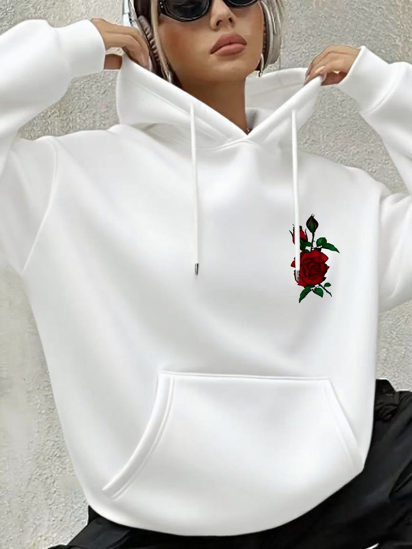 Autumn and Winter Thick Ladies' Clothing Rose Chest Print Sports Hooded Sweater   OAXG Black / XS