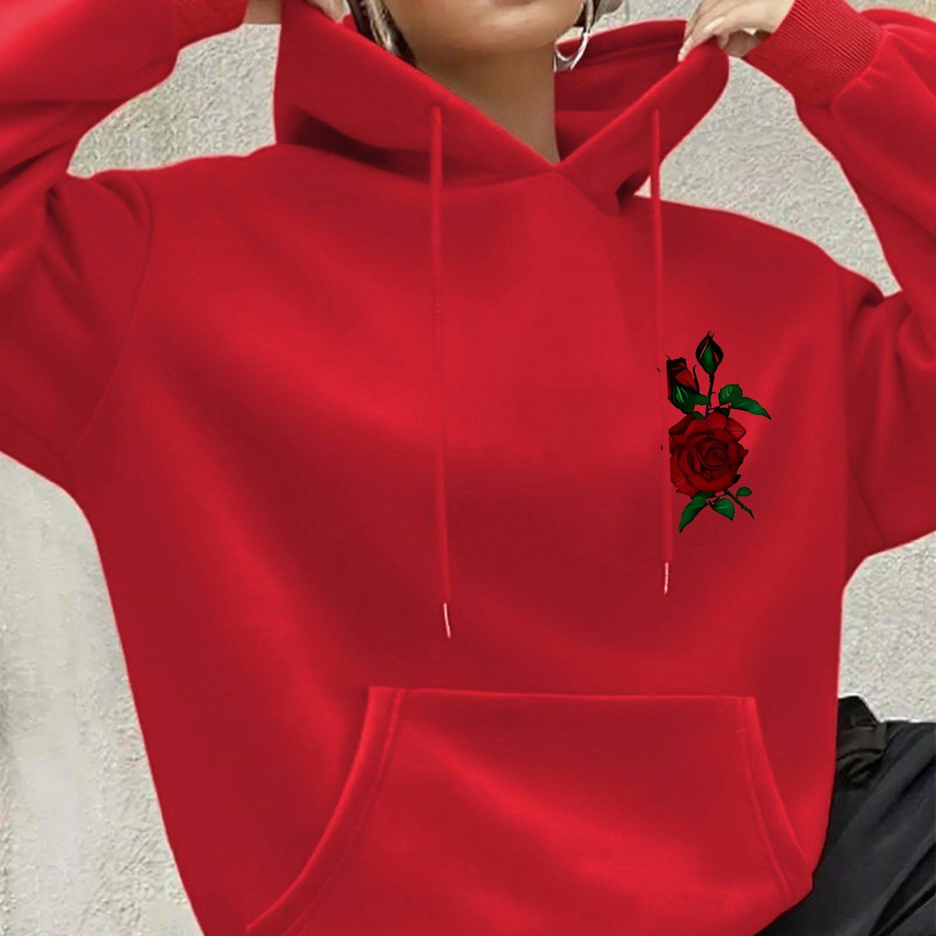 Autumn and Winter Thick Ladies' Clothing Rose Chest Print Sports Hooded Sweater   OAXG Black / XS