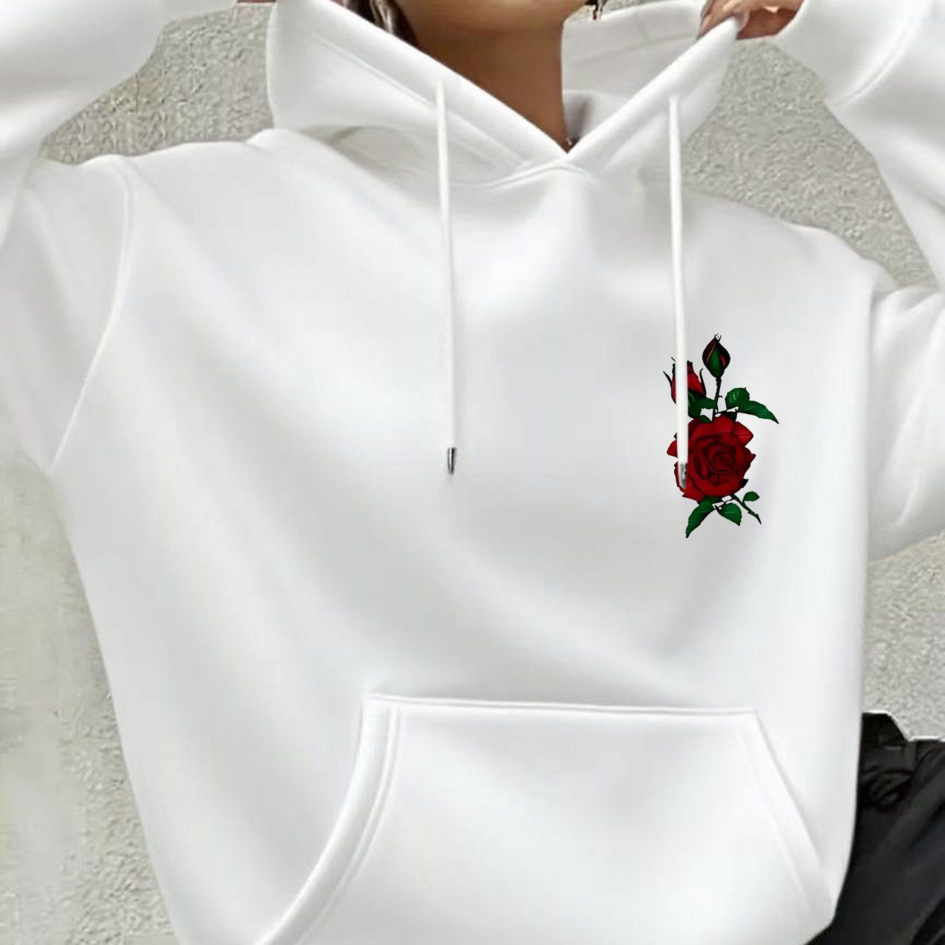 Autumn and Winter Thick Ladies' Clothing Rose Chest Print Sports Hooded Sweater   OAXG Black / XS