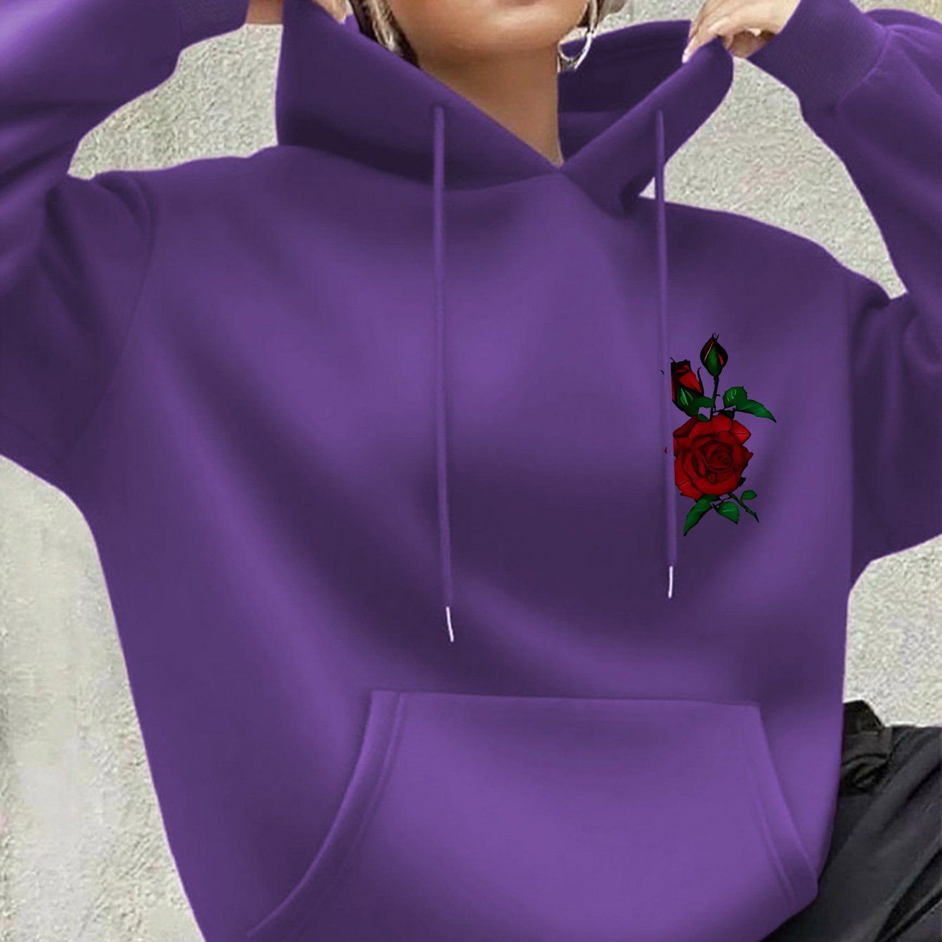 Autumn and Winter Thick Ladies' Clothing Rose Chest Print Sports Hooded Sweater   OAXG Black / XS