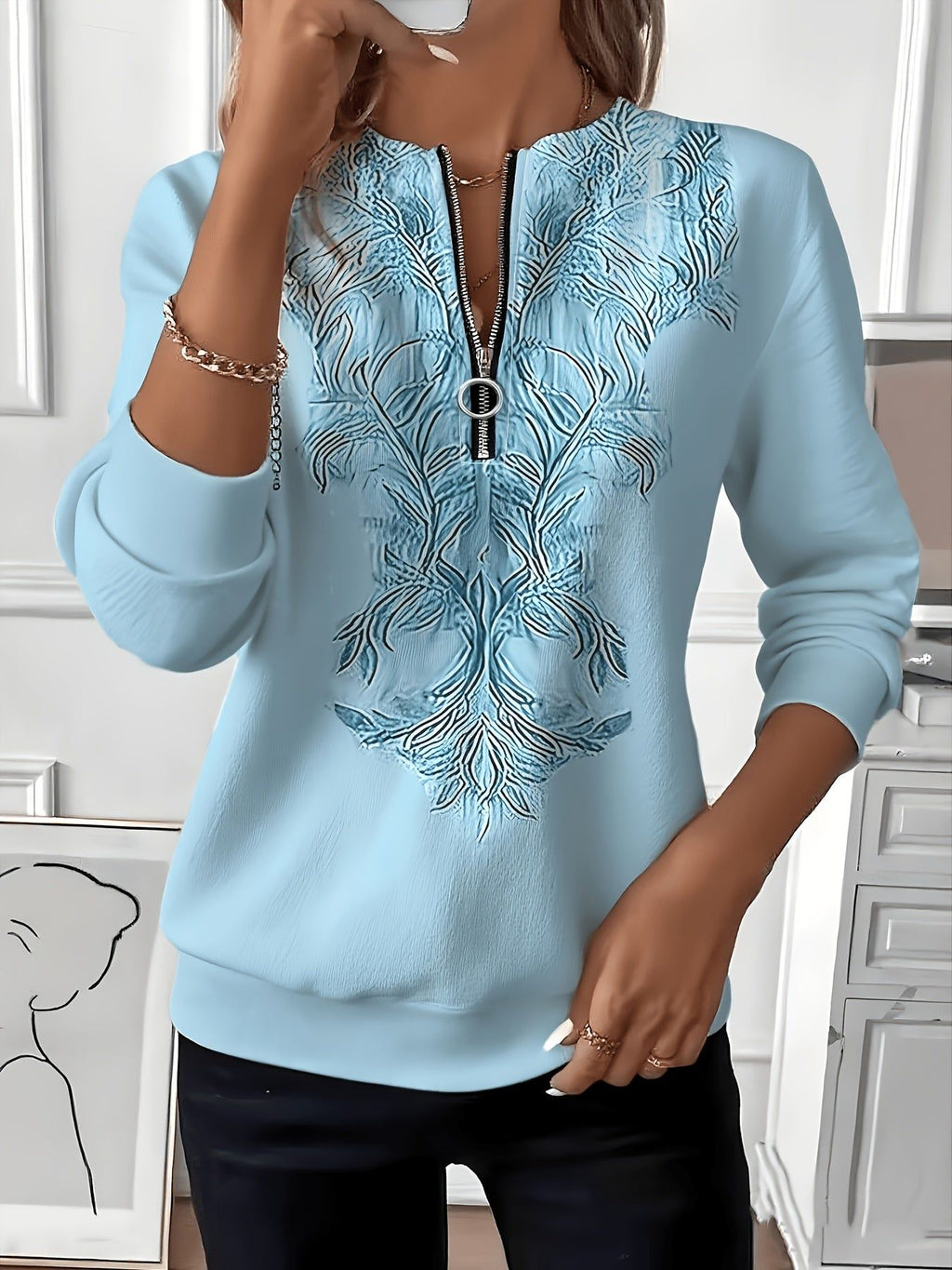Autumn Fashion Outfit, Half-Zipper Comfortable Skin-Friendly Trendy Versatile Casual Women'S Wear   OAXG Light Blue / S