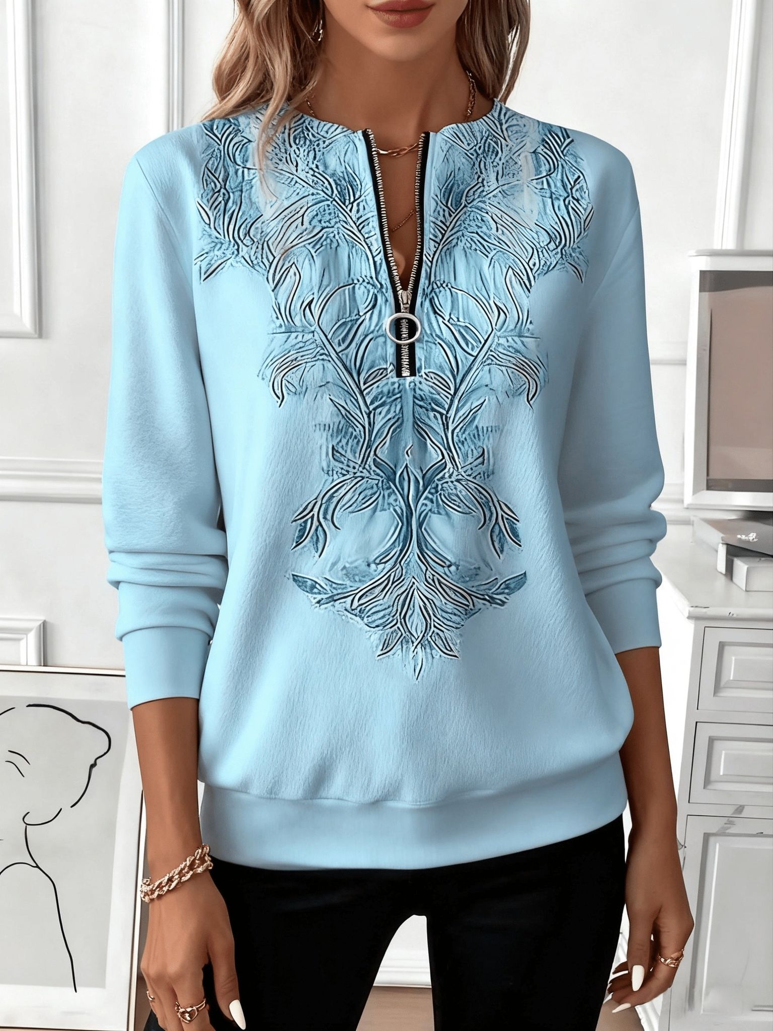 Autumn Fashion Outfit, Half-Zipper Comfortable Skin-Friendly Trendy Versatile Casual Women'S Wear   OAXG Light Blue / S