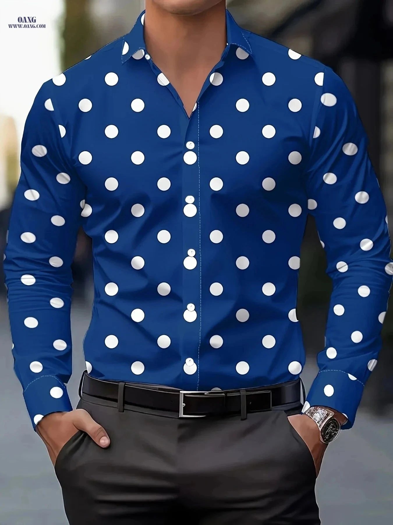 Autumn Men's Casual Shirt - Fashionable Polka Dot Print, Regular Fit   OAXG Black And White / FR S