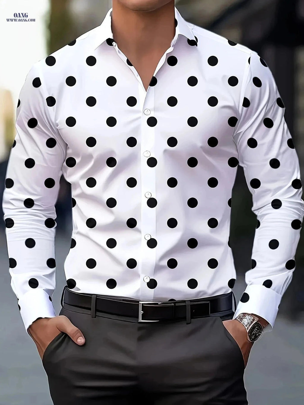 Autumn Men's Casual Shirt - Fashionable Polka Dot Print, Regular Fit   OAXG Black And White / FR S