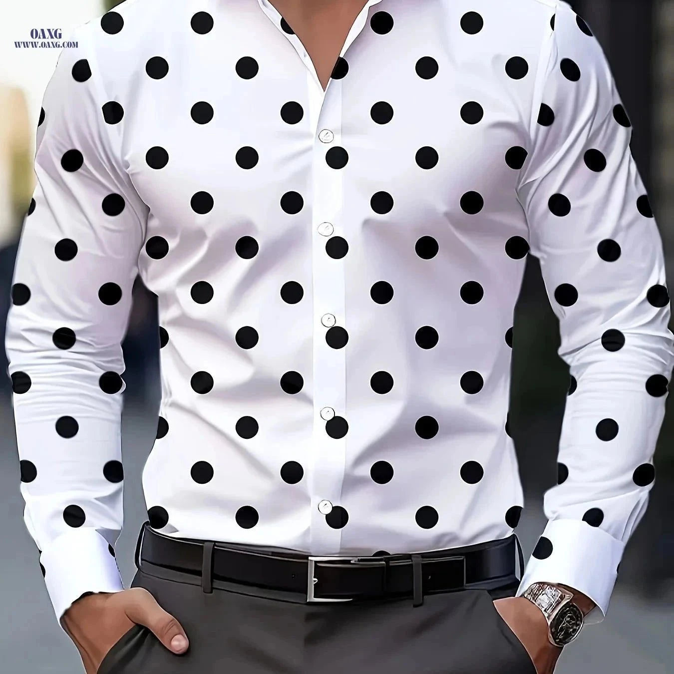 Autumn Men's Casual Shirt - Fashionable Polka Dot Print, Regular Fit   OAXG Black And White / FR S