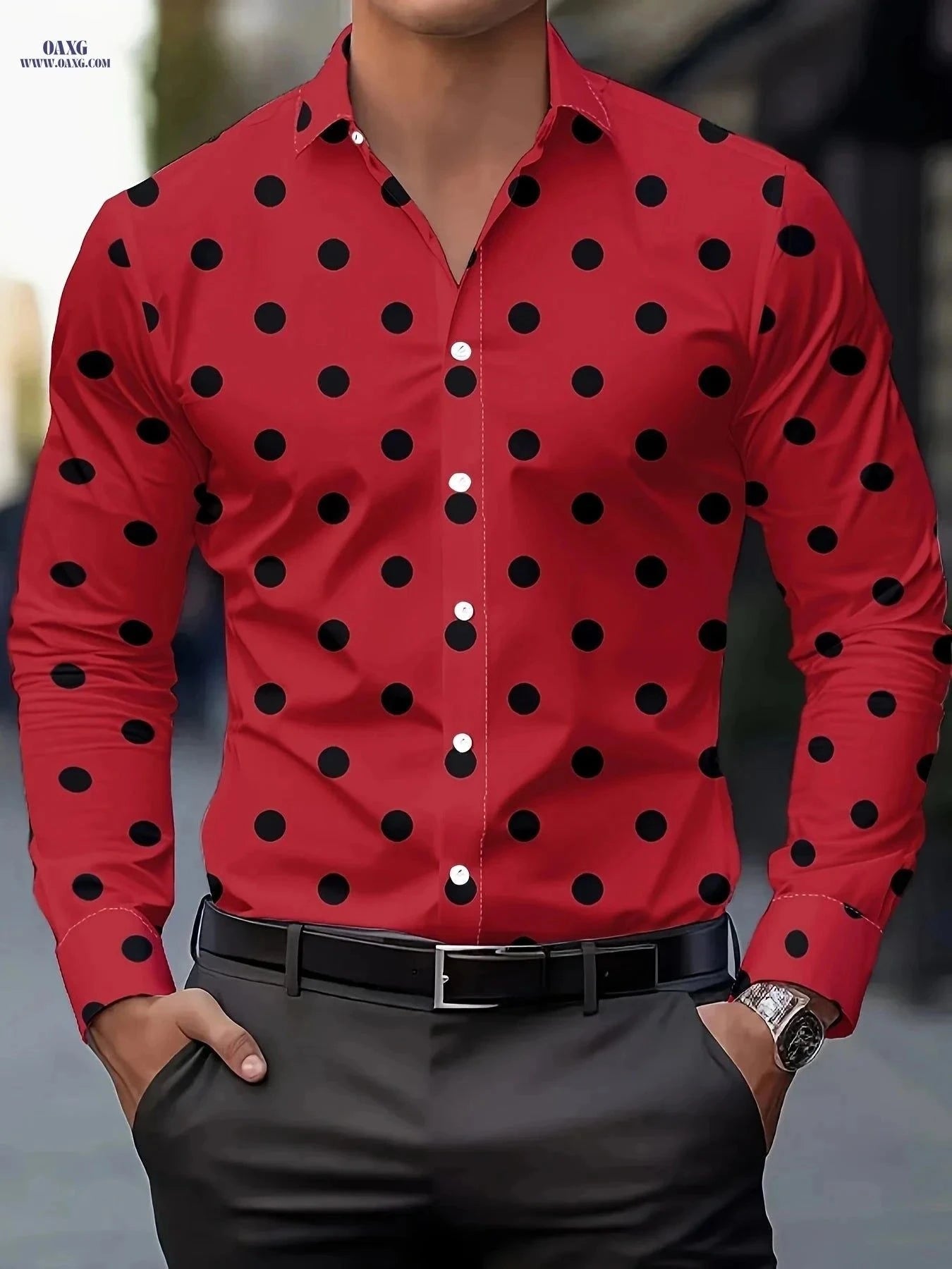 Autumn Men's Casual Shirt - Fashionable Polka Dot Print, Regular Fit   OAXG Black And White / FR S