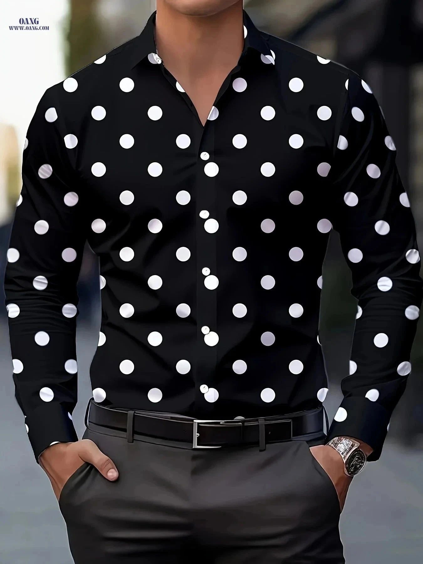 Autumn Men's Casual Shirt - Fashionable Polka Dot Print, Regular Fit   OAXG Black And White / FR S