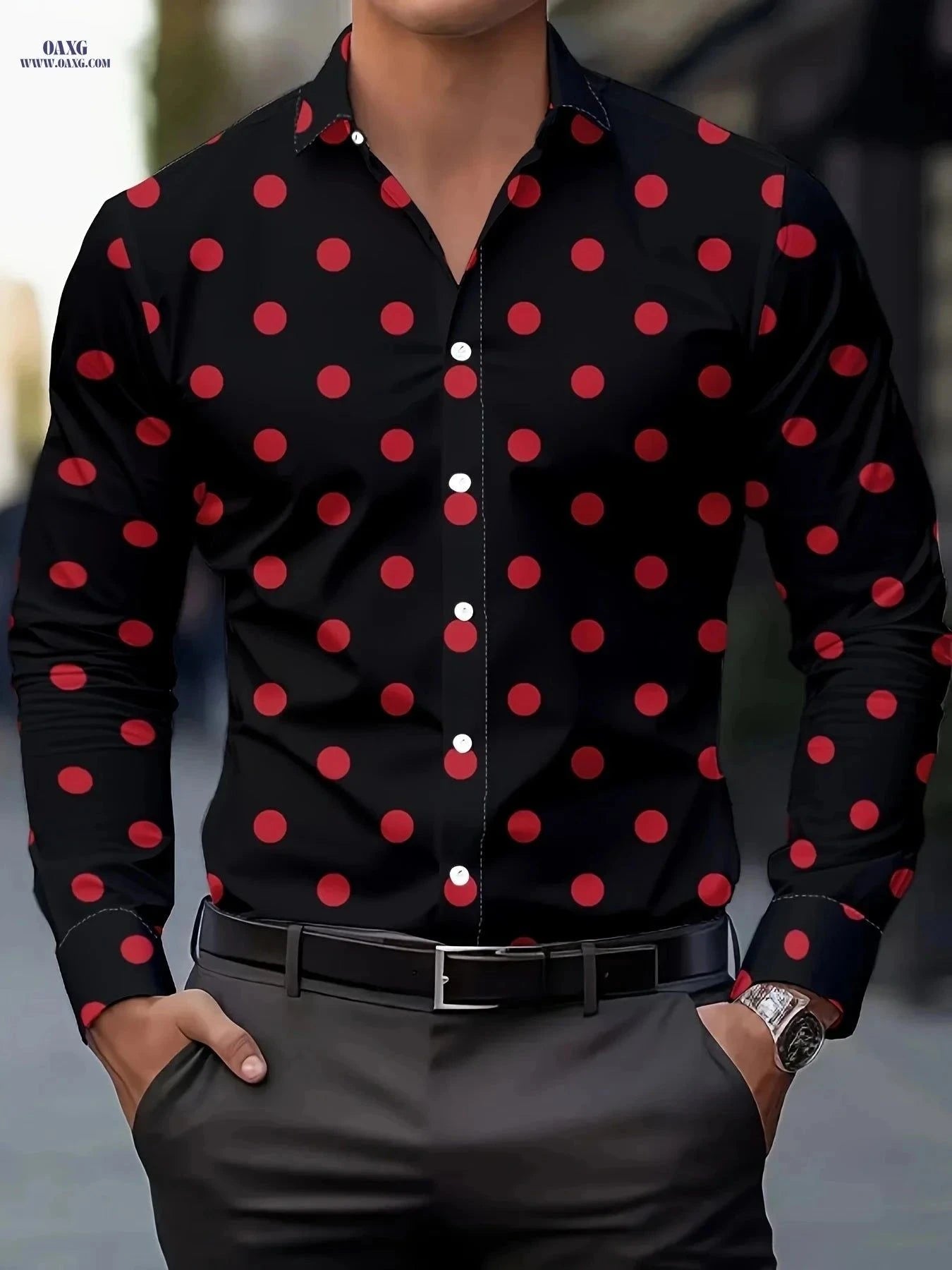 Autumn Men's Casual Shirt - Fashionable Polka Dot Print, Regular Fit   OAXG Black And White / FR S