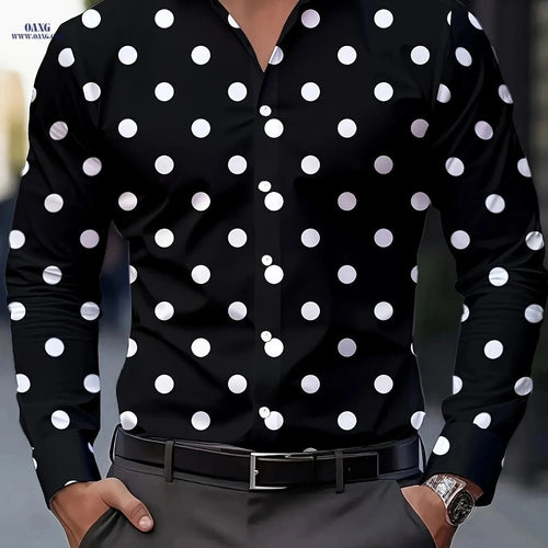 Autumn Men's Casual Shirt - Fashionable Polka Dot Print, Regular Fit   OAXG Black And White / FR S