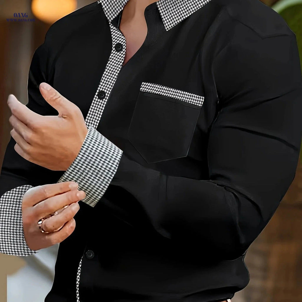 Autumn Men's Color-Blocking Casual Long Sleeve Plaid Shirt - Slim Fit   OAXG Black / FR S