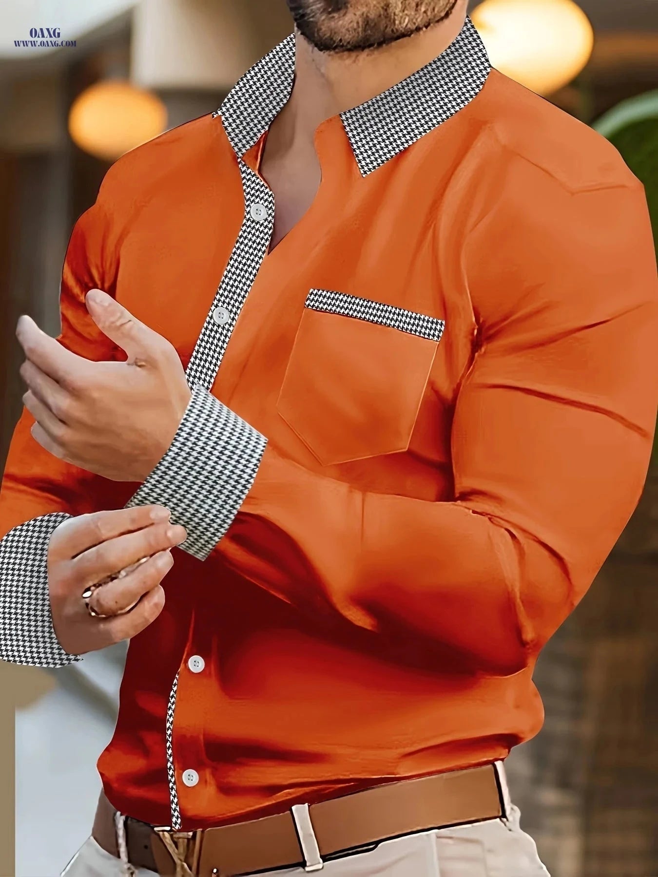 Autumn Men's Color-Blocking Casual Long Sleeve Plaid Shirt - Slim Fit   OAXG 