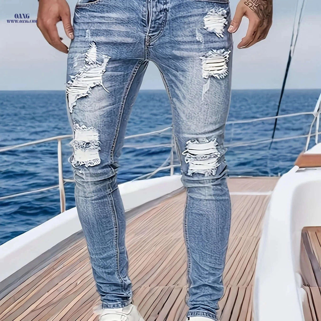 Autumn Winter Men's Jeans - Casual Denim with Geometric Pattern   OAXG Sky Blue / FR XS