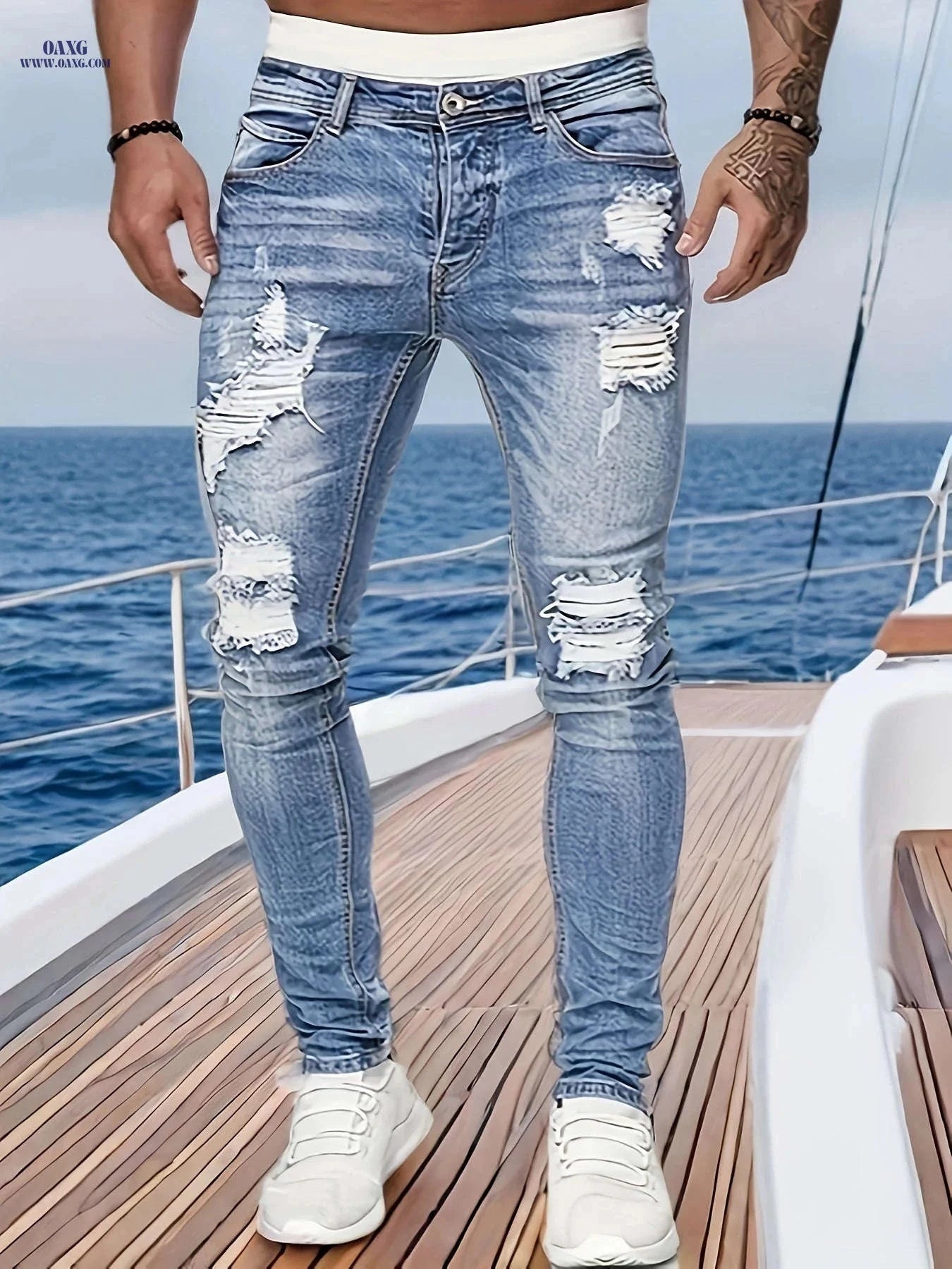 Autumn Winter Men's Jeans - Casual Denim with Geometric Pattern   OAXG Sky Blue / FR XS