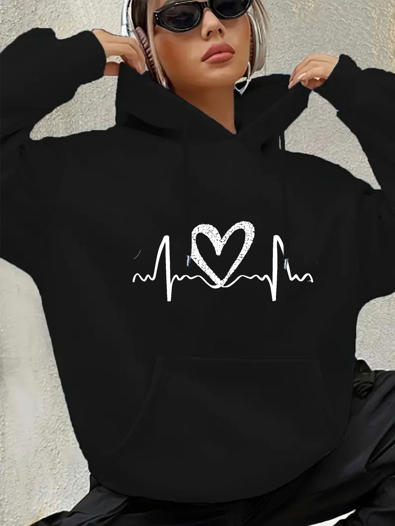 Autumn/Winter New Women's Casual -Lined Hooded Sweatshirt with Heart ECG Print   OAXG Black / XS