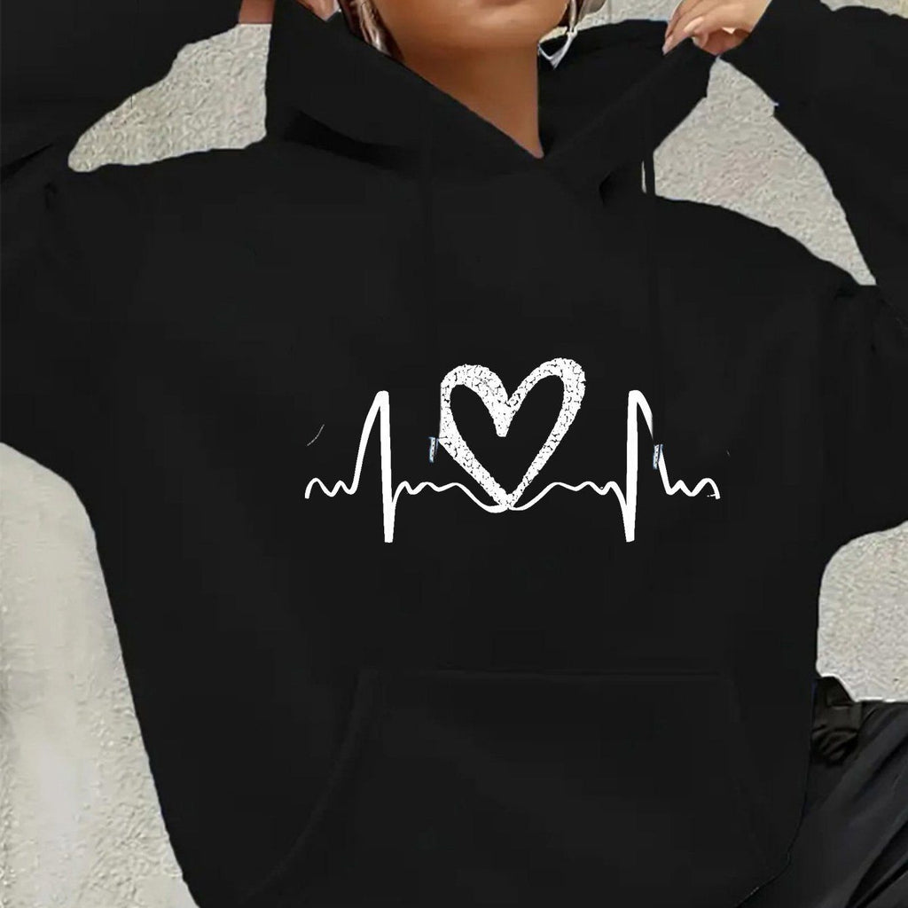 Autumn/Winter New Women's Casual -Lined Hooded Sweatshirt with Heart ECG Print   OAXG Black / XS