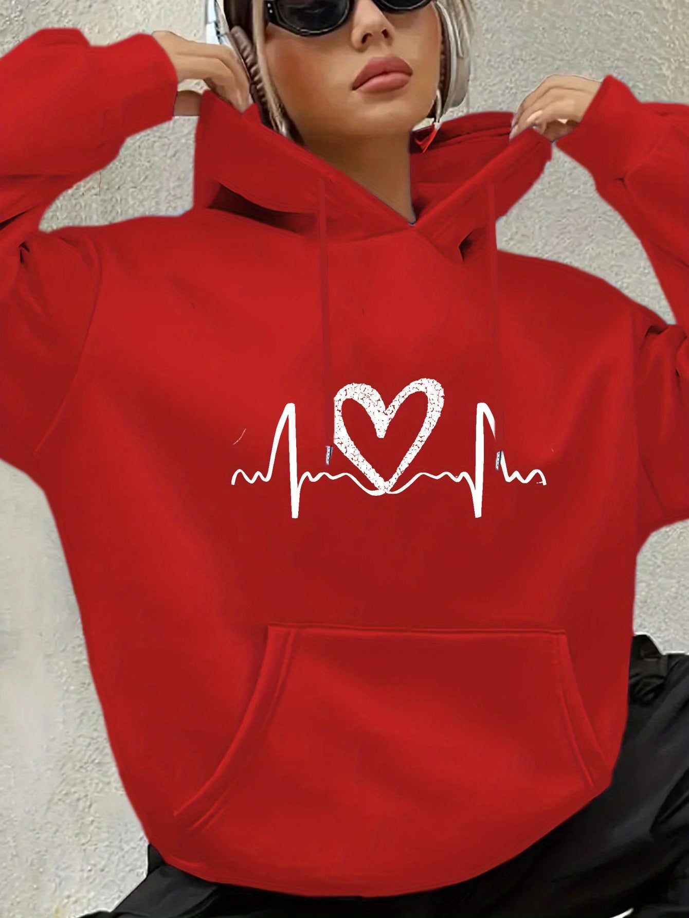 Autumn/Winter New Women's Casual -Lined Hooded Sweatshirt with Heart ECG Print   OAXG Black / XS