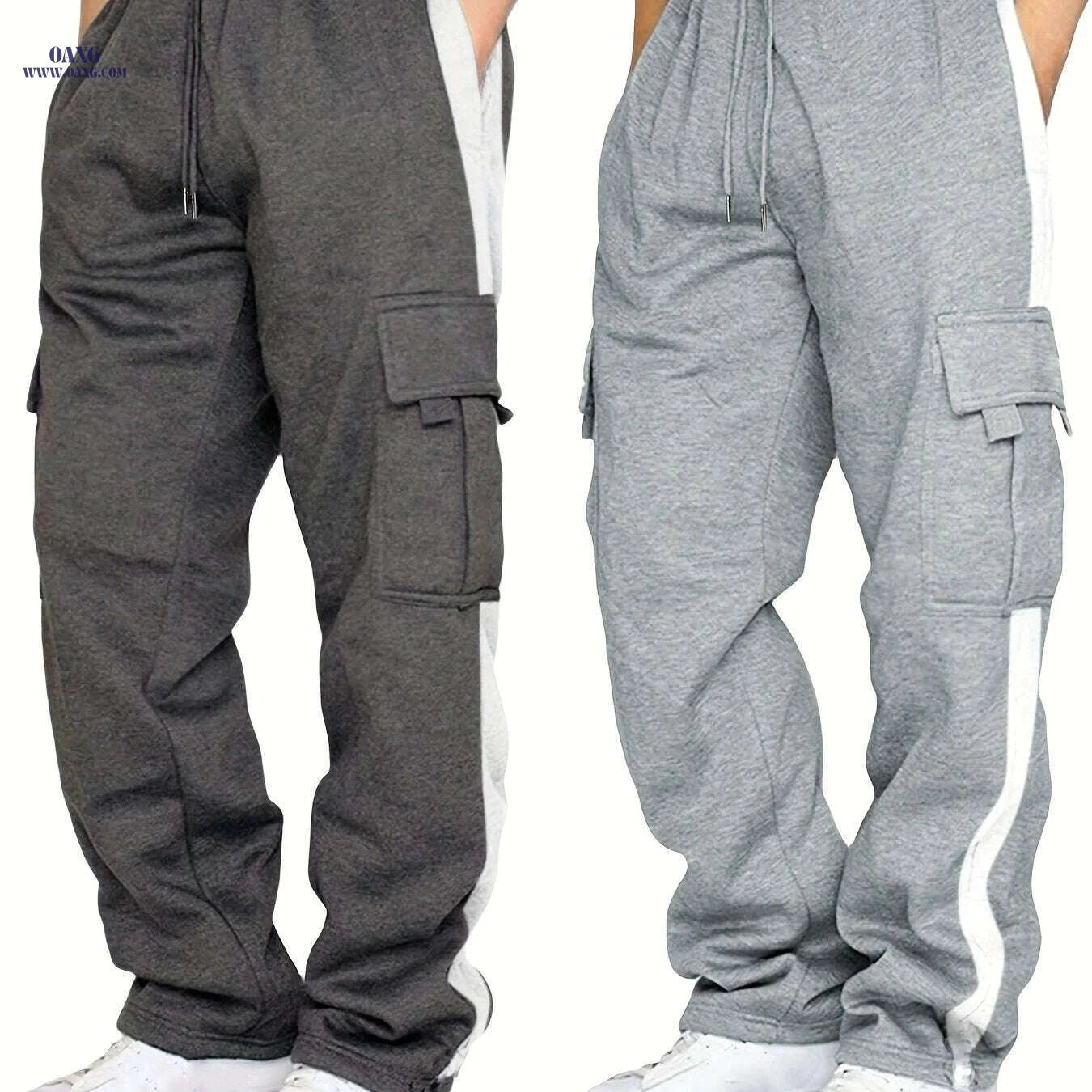 Autumn Winter Plus Velvet Trousers for Men - Multiple Pockets Style   OAXG Black - Light Gray / S