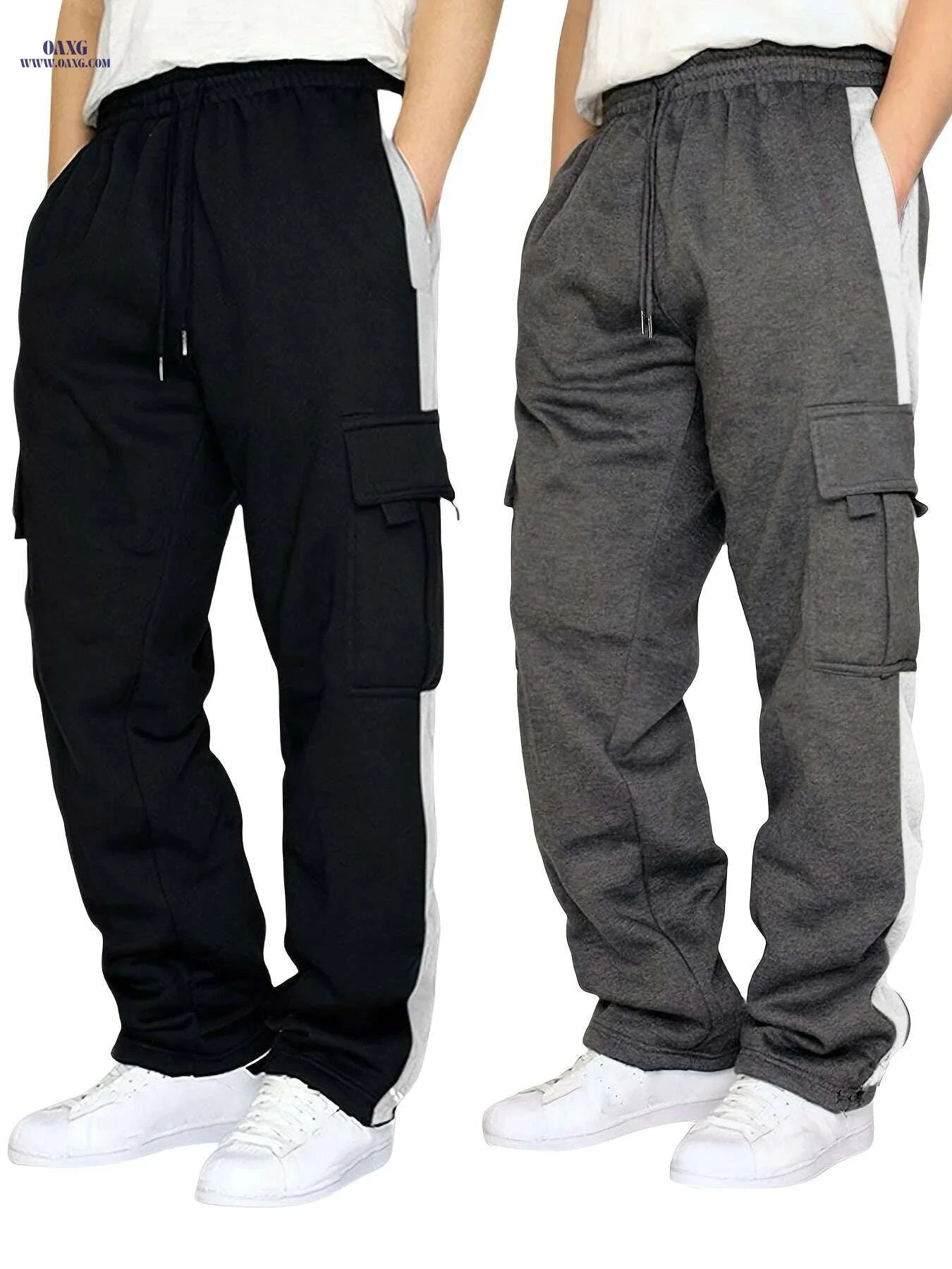 Autumn Winter Plus Velvet Trousers for Men - Multiple Pockets Style   OAXG Black - Light Gray / S