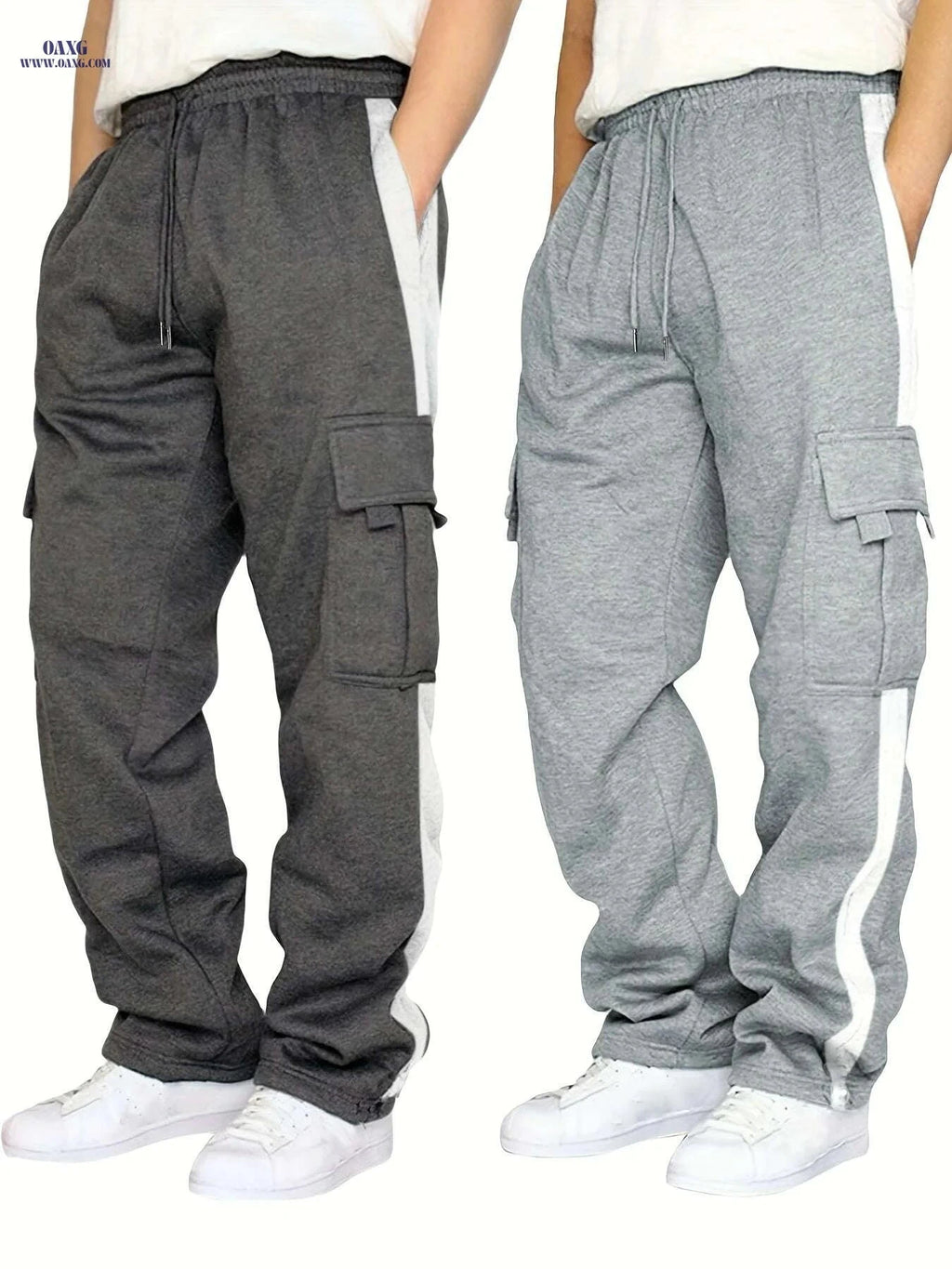 Autumn Winter Plus Velvet Trousers for Men - Multiple Pockets Style   OAXG Black - Light Gray / S