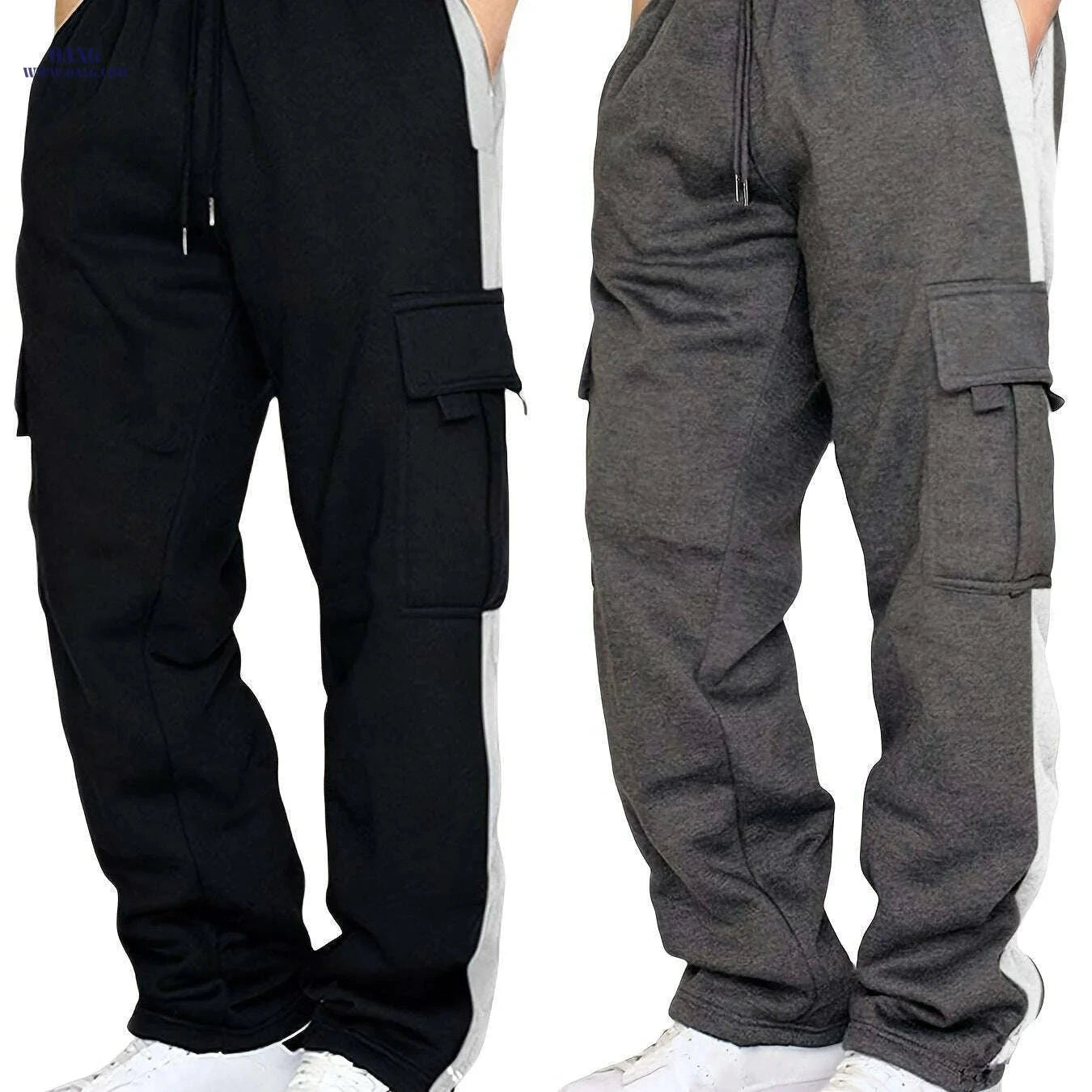 Autumn Winter Plus Velvet Trousers for Men - Multiple Pockets Style   OAXG Black - Light Gray / S